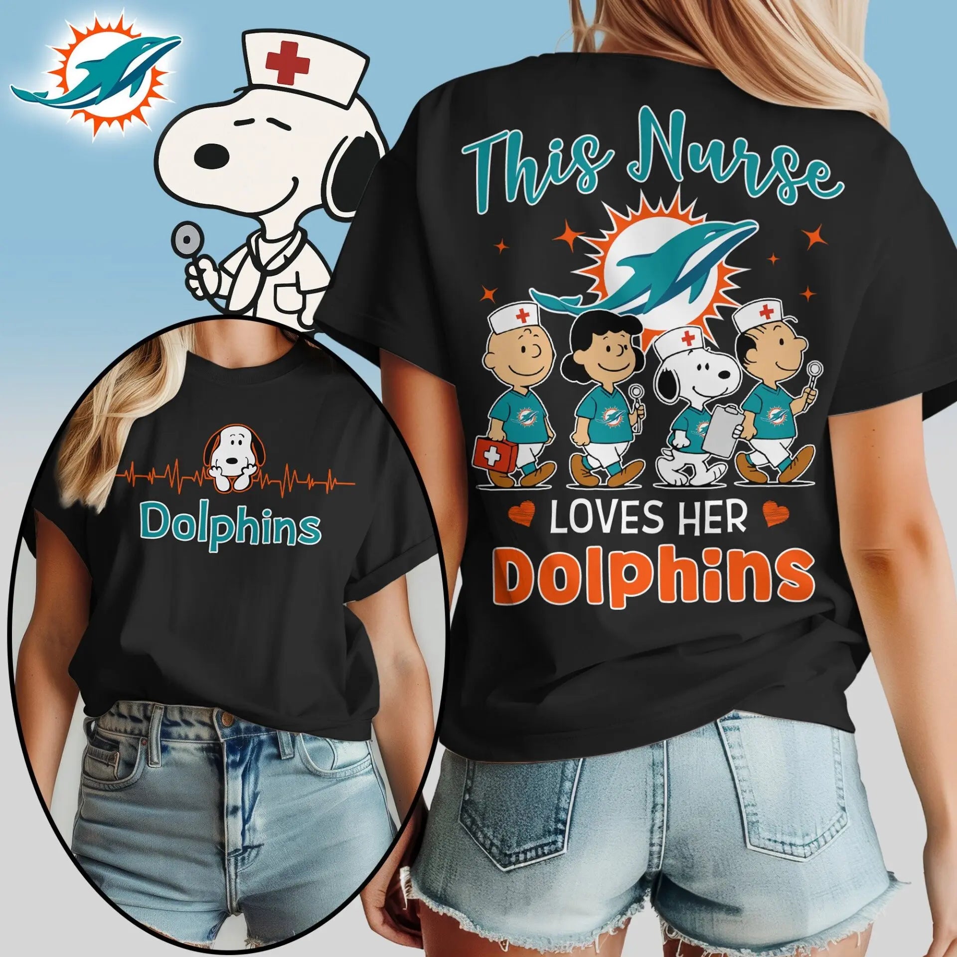 Miami Dolphins | Premium NFL Peanuts Snoopy Fan Nurse Appreciation Woman Shirt NY – HuddleStyle.com - Image 2