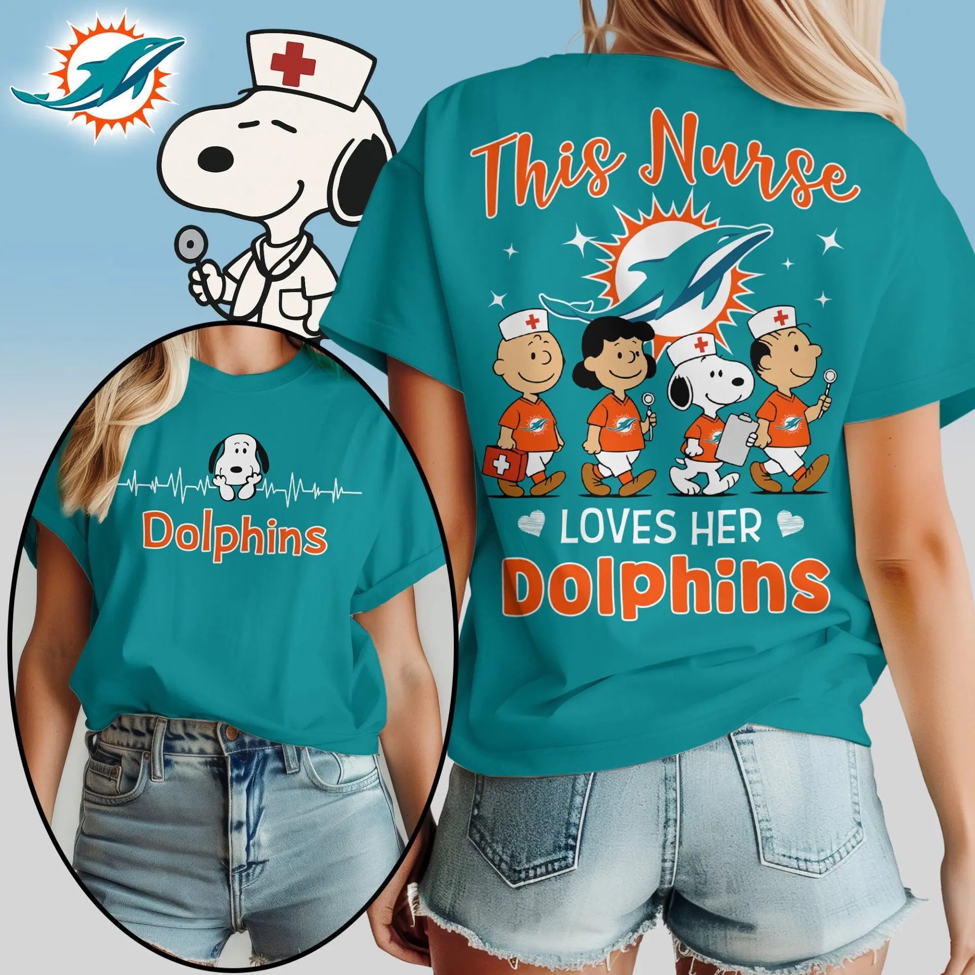 Miami Dolphins | Premium NFL Peanuts Snoopy Fan Nurse Appreciation Woman Shirt NY – HuddleStyle.com - Image 3