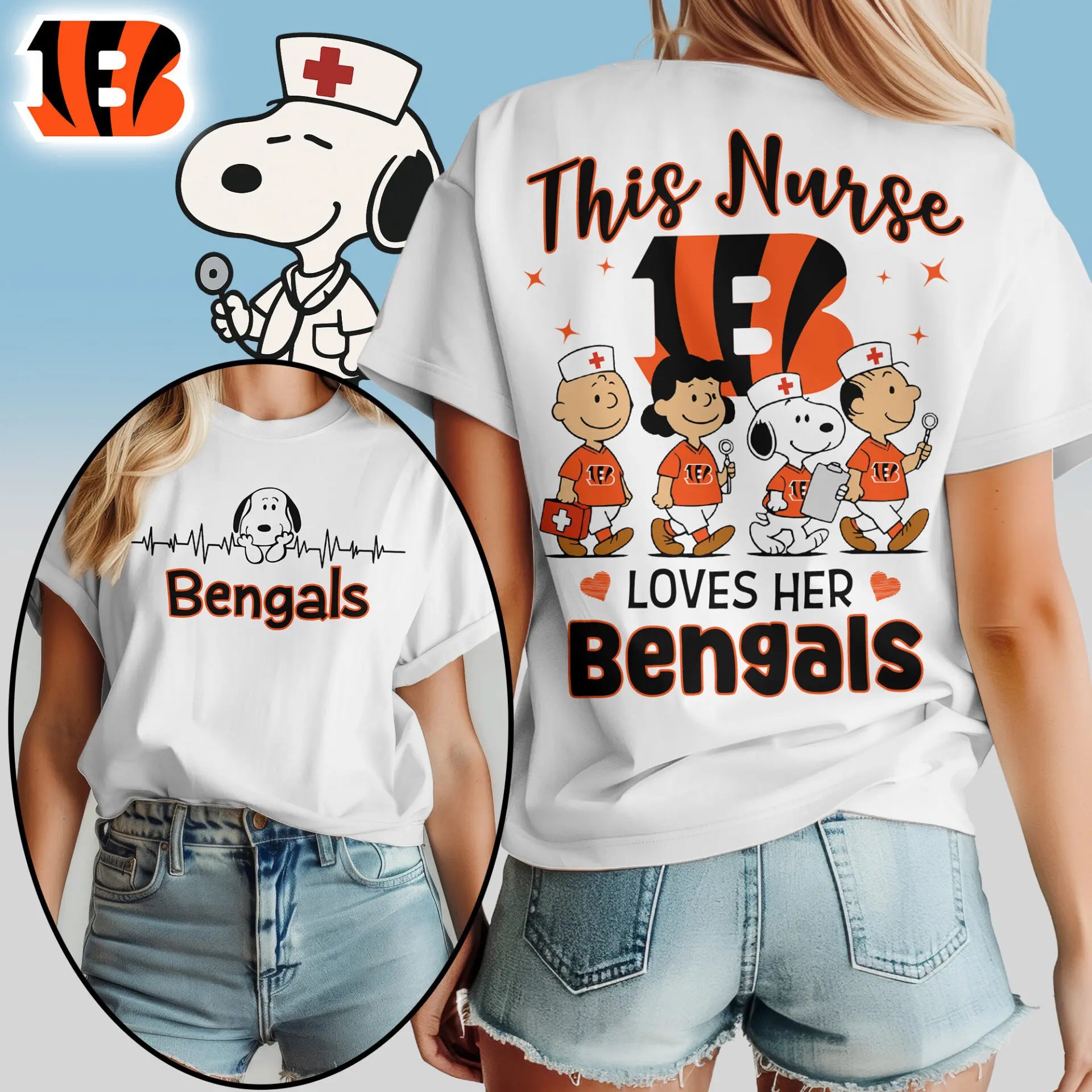 Cincinnati Bengals | Premium NFL Peanuts Snoopy Fan Nurse Appreciation Woman Shirt NY – HuddleStyle.com - Main