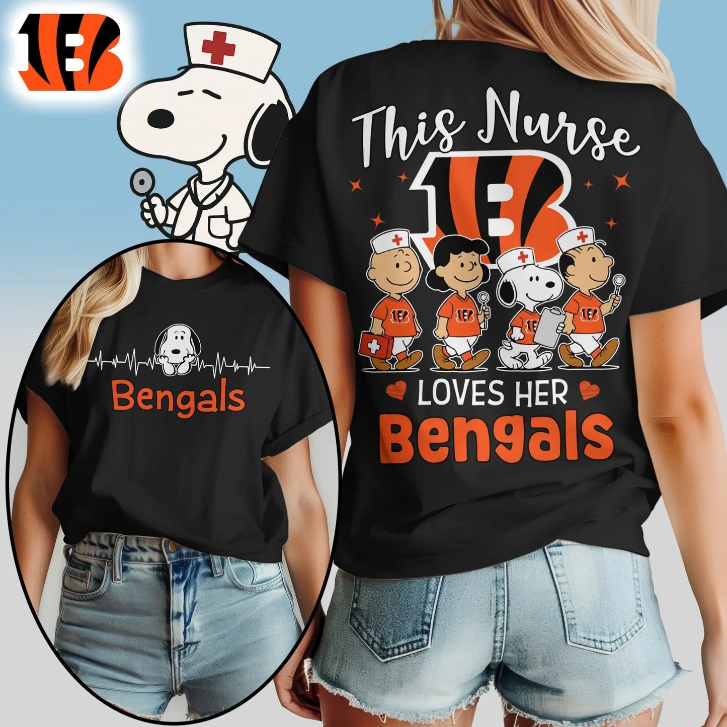 Cincinnati Bengals | Premium NFL Peanuts Snoopy Fan Nurse Appreciation Woman Shirt NY – HuddleStyle.com - Image 2