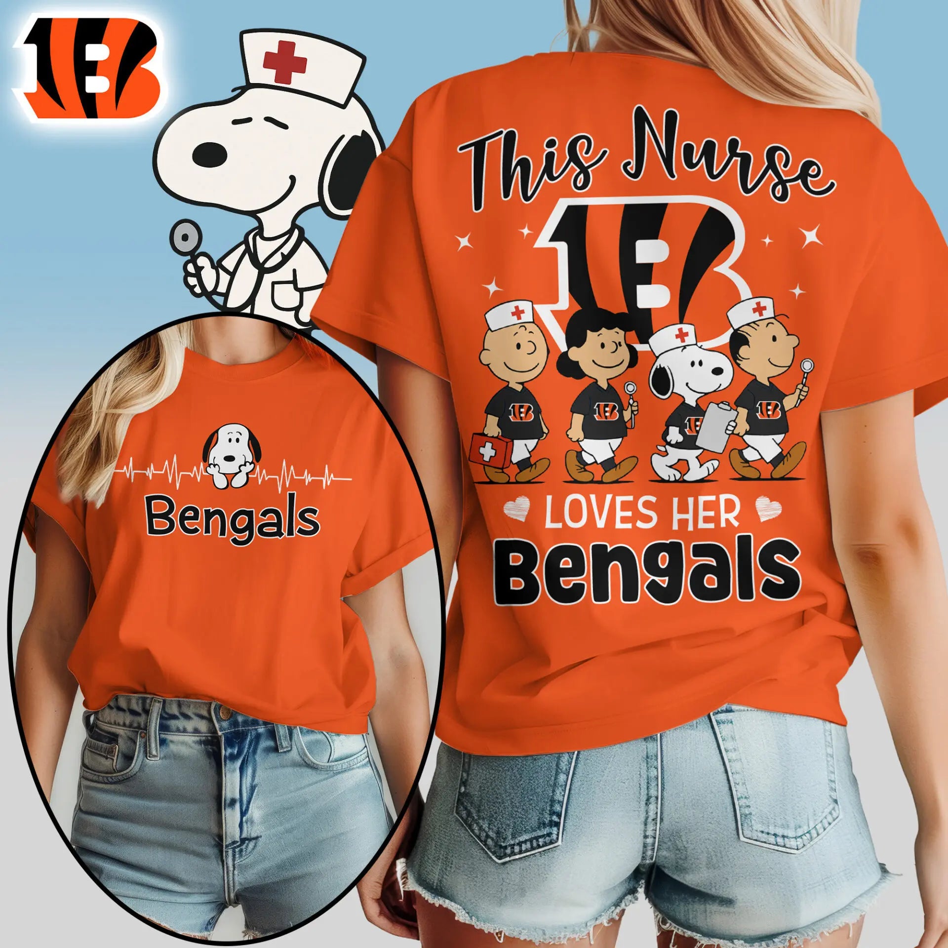 Cincinnati Bengals | Premium NFL Peanuts Snoopy Fan Nurse Appreciation Woman Shirt NY – HuddleStyle.com - Image 3