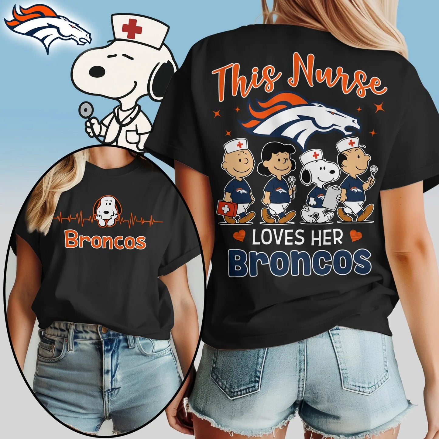 Denver Broncos | Premium NFL Snoopy Nurse Appreciation Woman Shirt – HuddleStyle.com - Image 3