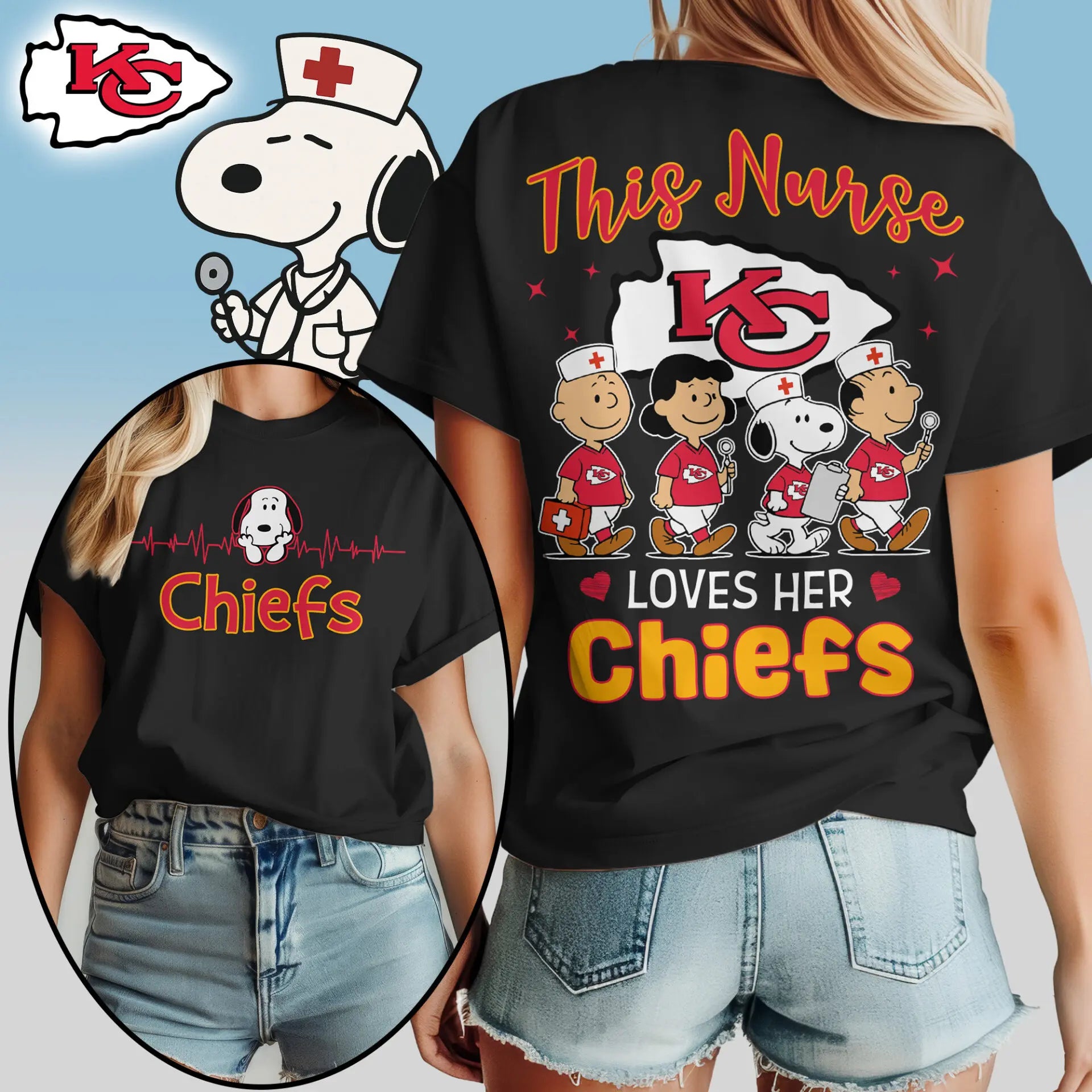 Kansas City Chiefs | Premium NFL Snoopy Nurse Appreciation Woman Shirt – HuddleStyle.com - Main