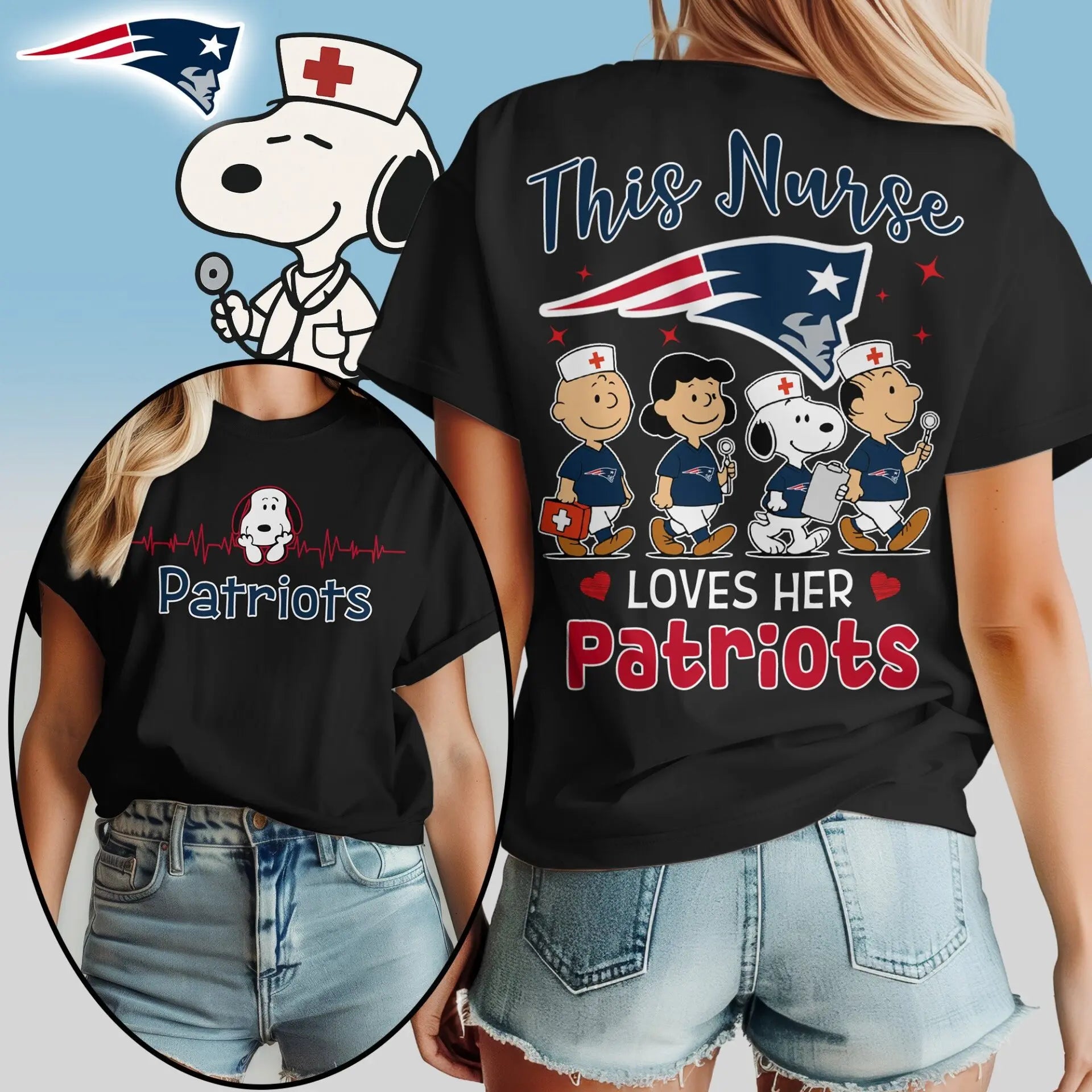 New England Patriots | Premium NFL Snoopy Nurse Appreciation Woman Shirt – HuddleStyle.com - Image 2