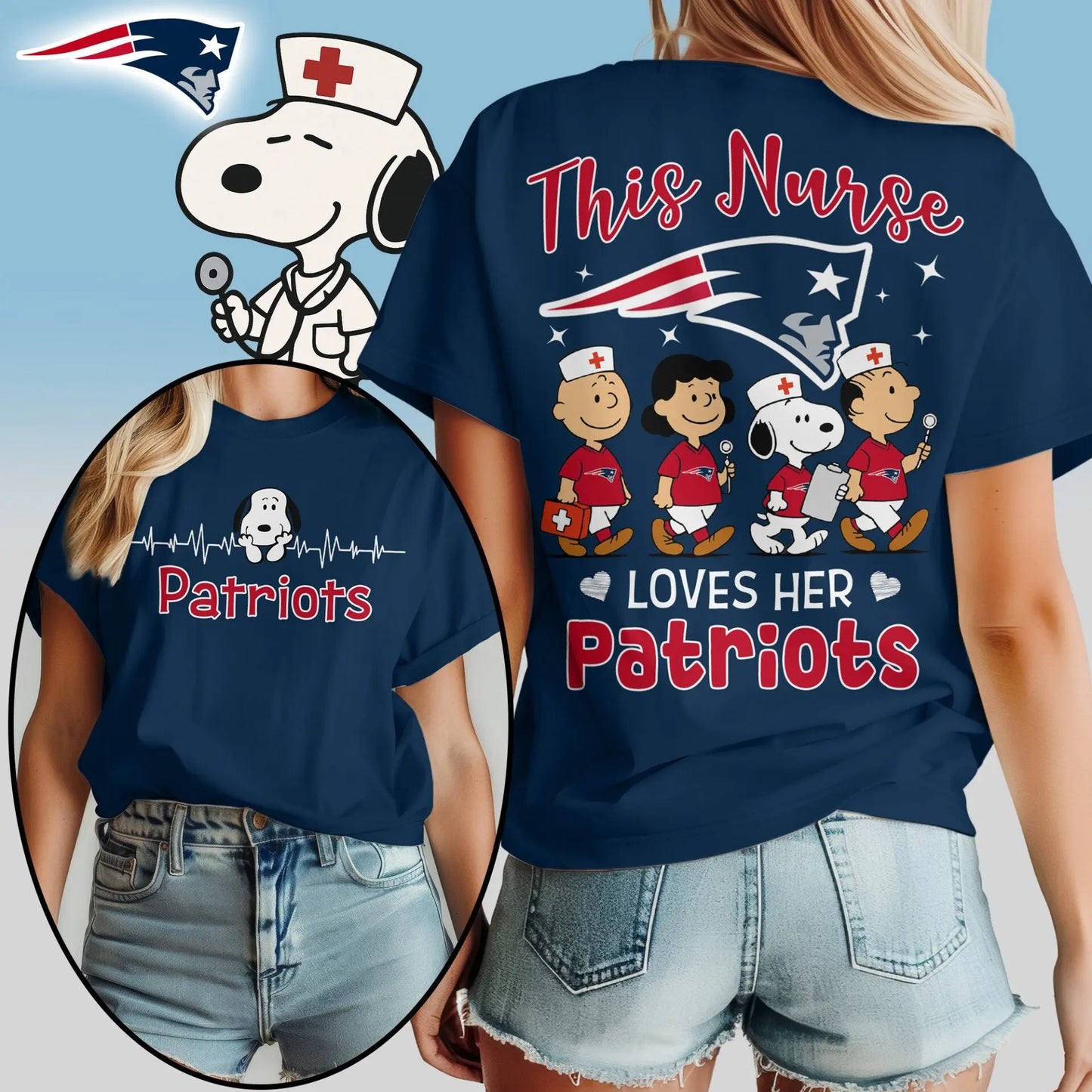 New England Patriots | Premium NFL Snoopy Nurse Appreciation Woman Shirt – HuddleStyle.com - Image 3