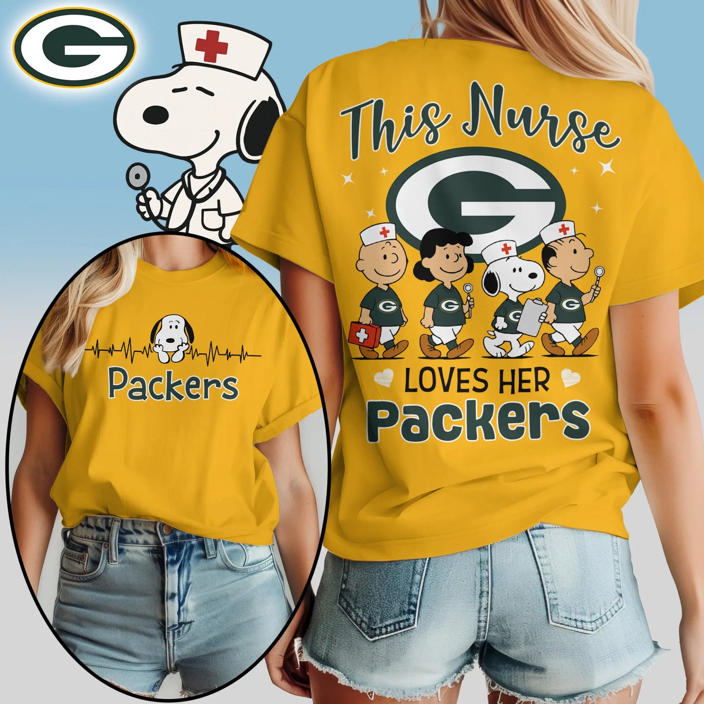 Green Bay Packers | Premium NFL Peanuts Snoopy Fan Nurse Appreciation Woman Shirt NY – HuddleStyle.com - Image 3