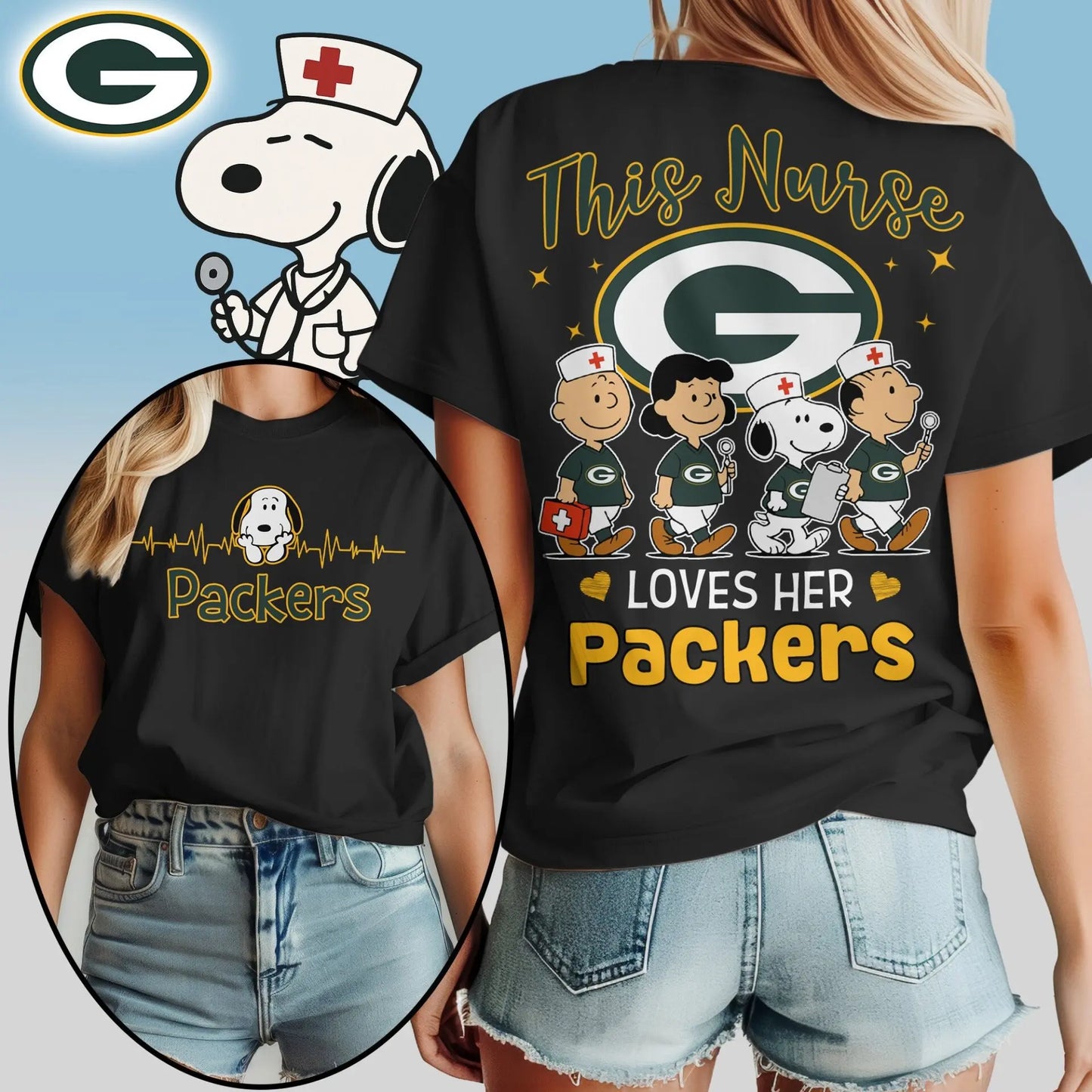Green Bay Packers | Premium NFL Snoopy Nurse Appreciation Woman Shirt – HuddleStyle.com - Image 3
