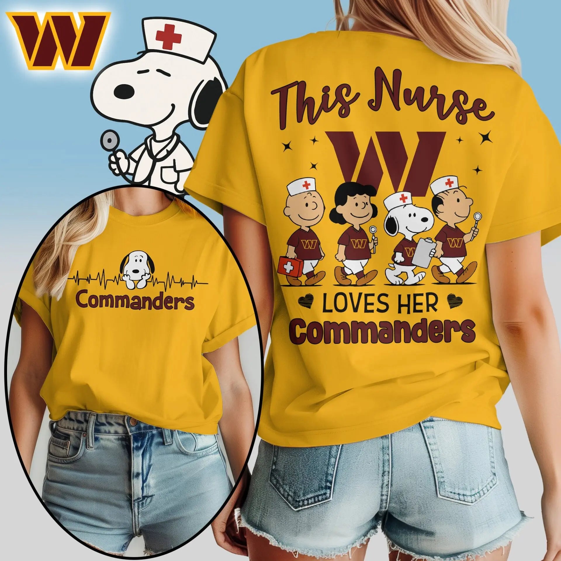 Washington Commanders | Premium NFL Peanuts Snoopy Fan Nurse Appreciation Woman Shirt NY – HuddleStyle.com - Image 3