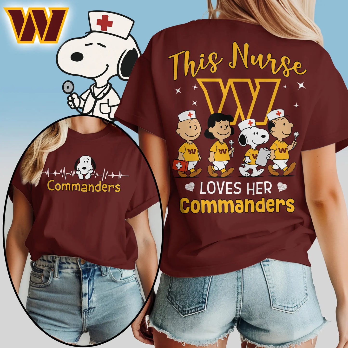 Washington Commanders | Premium NFL Peanuts Snoopy Fan Nurse Appreciation Woman Shirt NY – HuddleStyle.com - Image 4