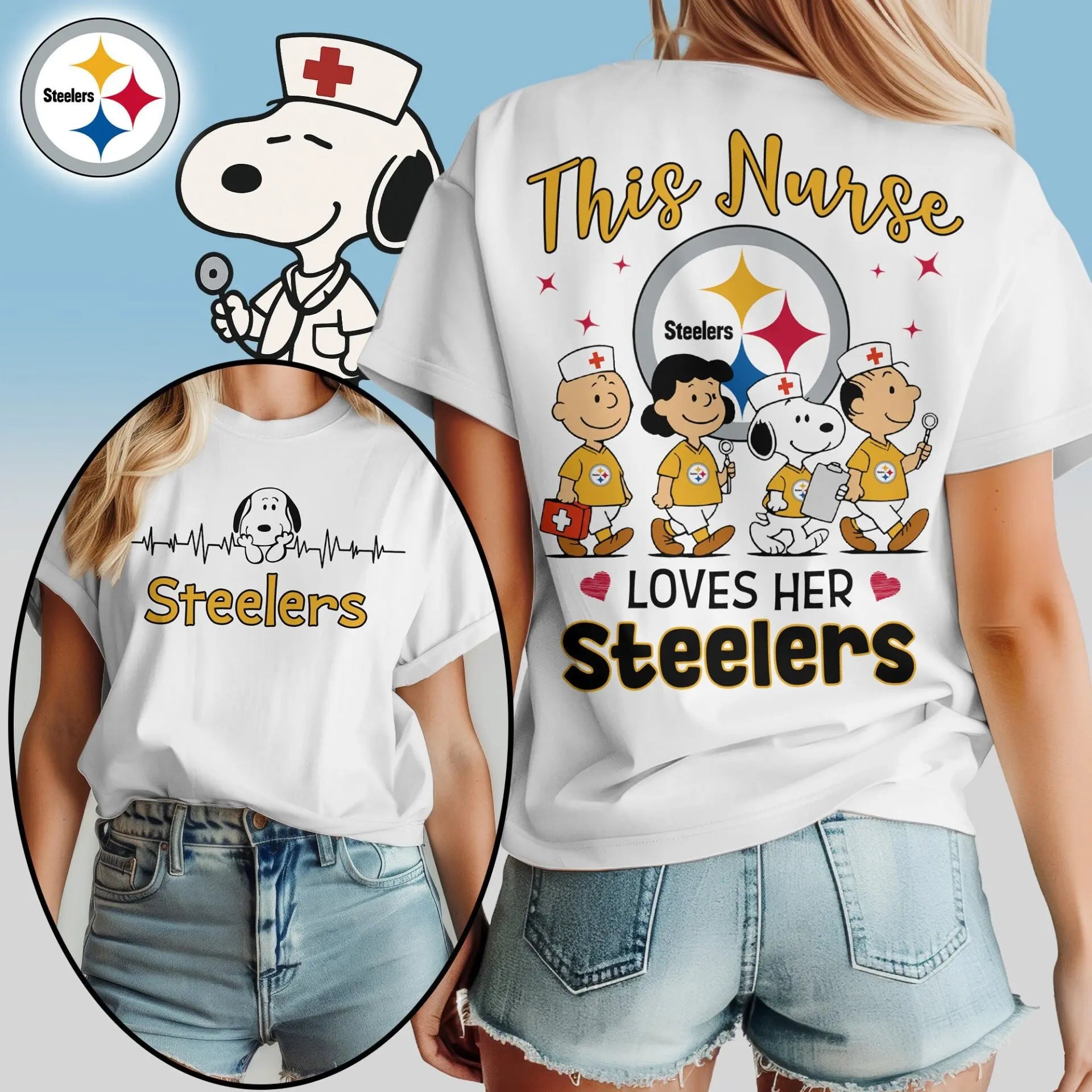 Pittsburgh Steelers | Premium NFL Snoopy Nurse Appreciation Woman Shirt – HuddleStyle.com - Image 2