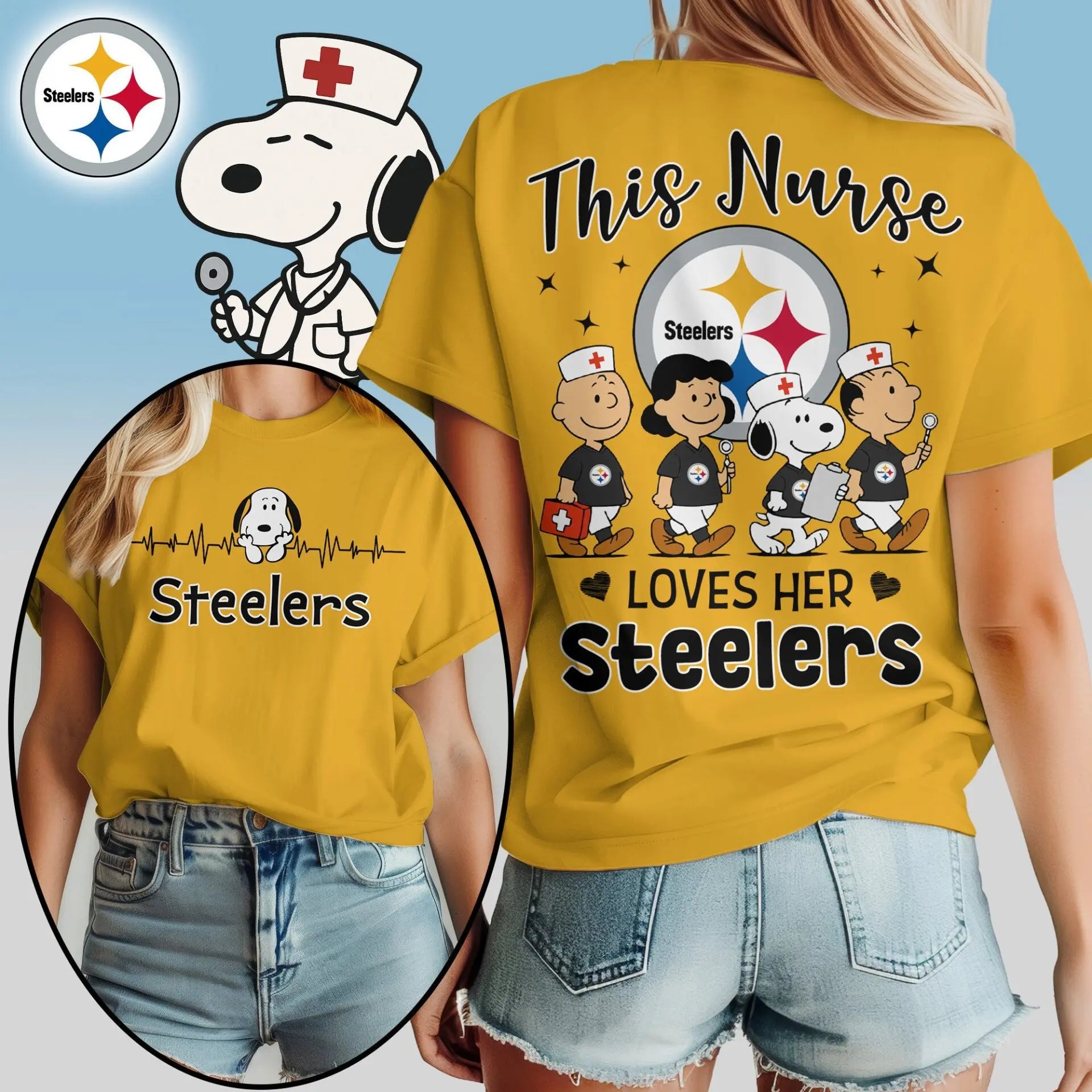 Pittsburgh Steelers | Premium NFL Peanuts Snoopy Fan Nurse Appreciation Woman Shirt NY – HuddleStyle.com - Image 3