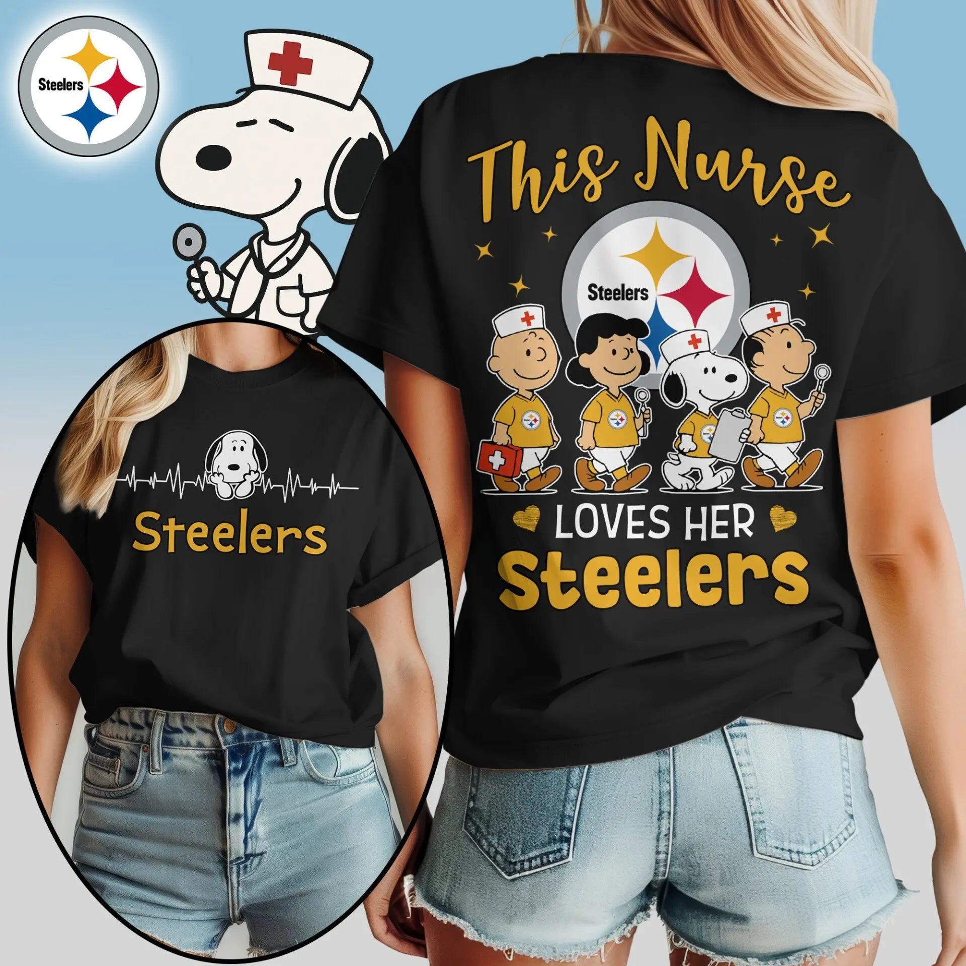 Pittsburgh Steelers | Premium NFL Peanuts Snoopy Fan Nurse Appreciation Woman Shirt NY – HuddleStyle.com - Image 2