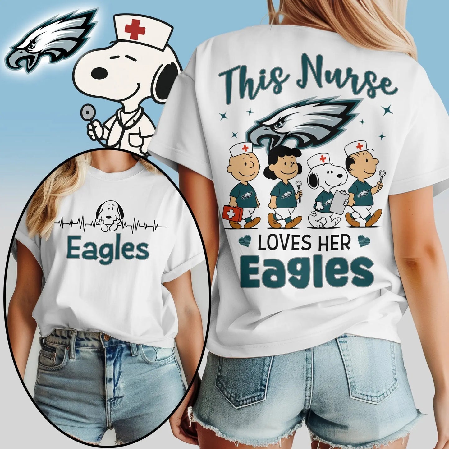 Philadelphia Eagles | Premium NFL Peanuts Snoopy Fan Nurse Appreciation Woman Shirt NY – HuddleStyle.com - Main
