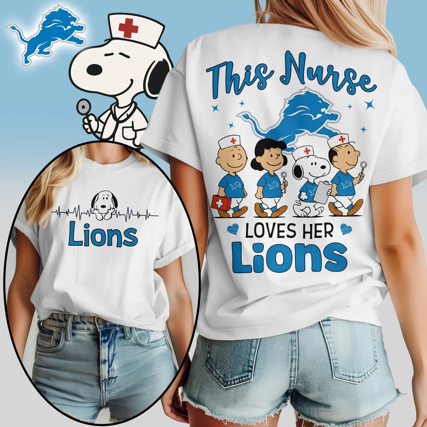 Detroit Lions | Premium NFL Snoopy Nurse Appreciation Woman Shirt – HuddleStyle.com - Image 2