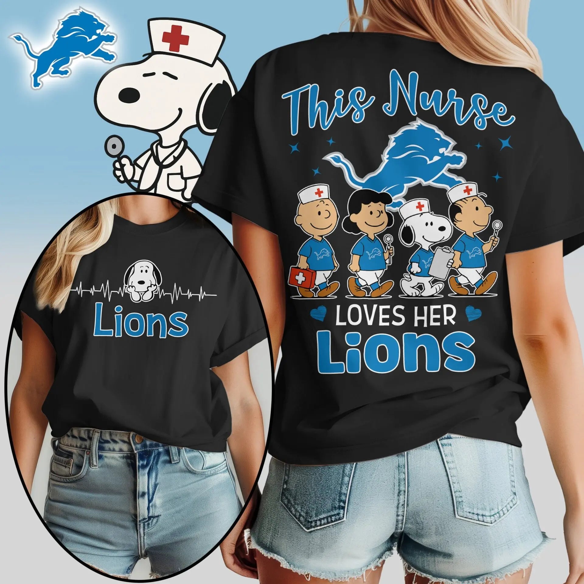 Detroit Lions | Premium NFL Snoopy Nurse Appreciation Woman Shirt – HuddleStyle.com - Main