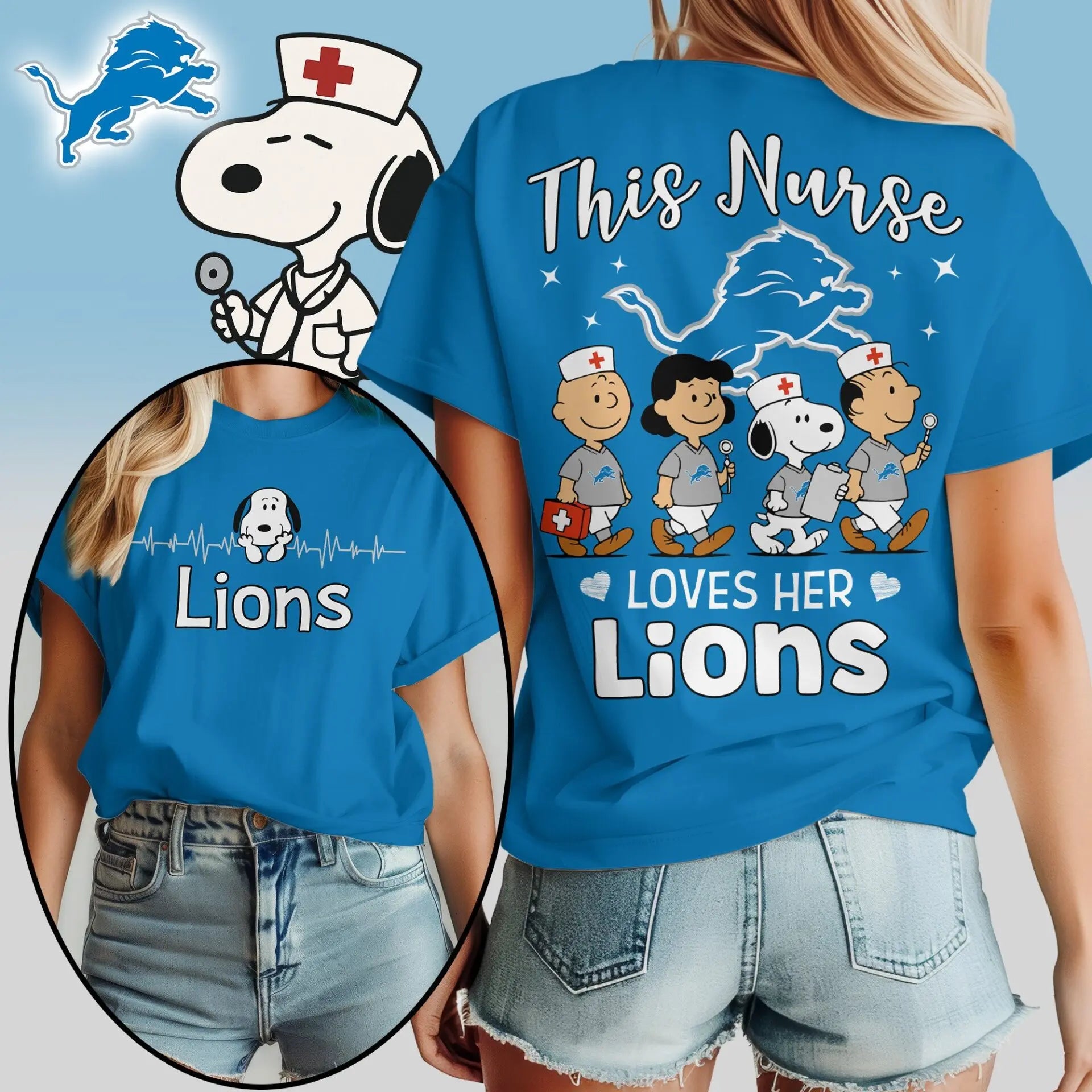 Detroit Lions | Premium NFL Peanuts Snoopy Fan Nurse Appreciation Woman Shirt NY – HuddleStyle.com - Image 3