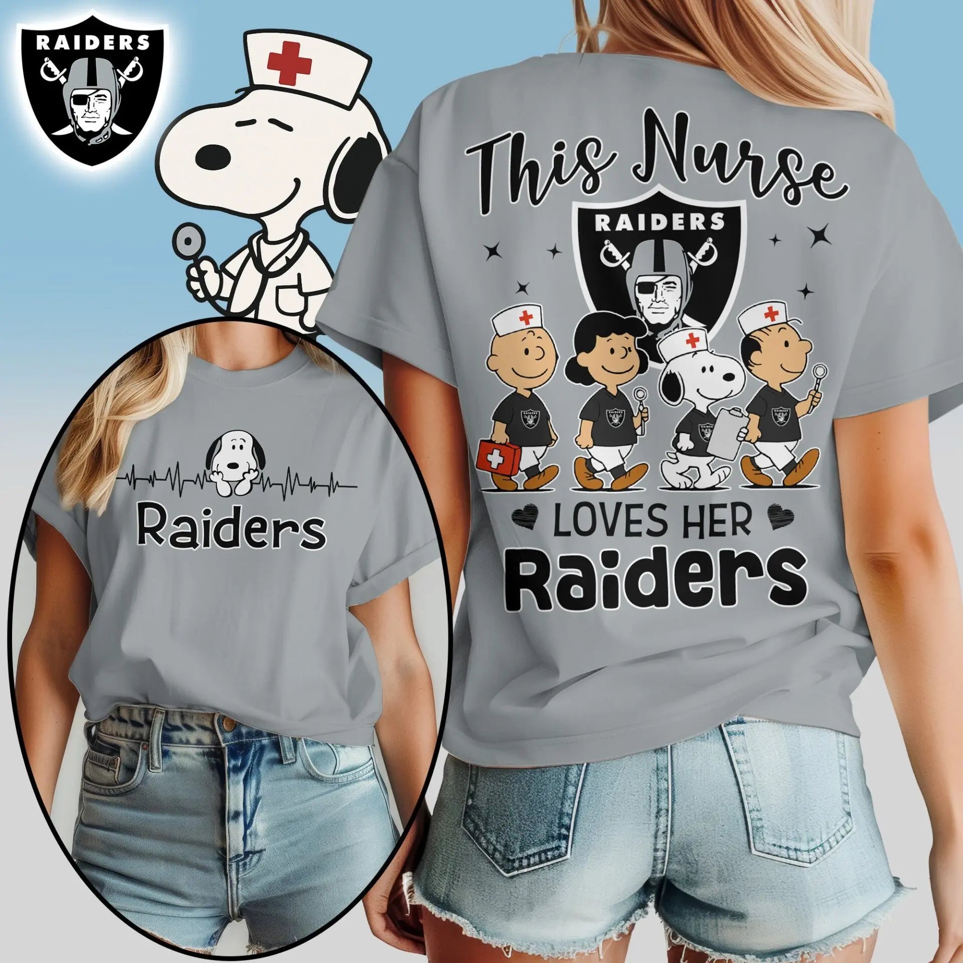 Las Vegas Raiders | Premium NFL Peanuts Snoopy Fan Nurse Appreciation Woman Shirt NY – HuddleStyle.com - Image 3