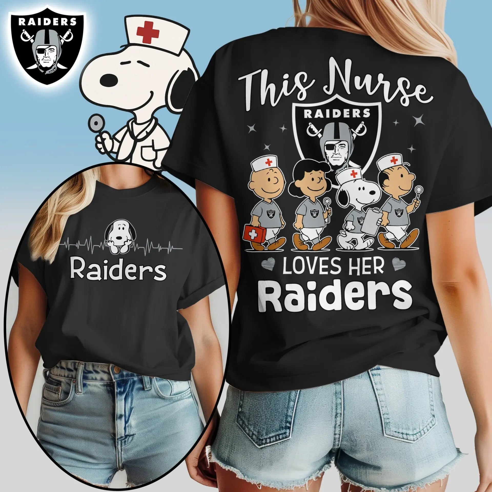 Las Vegas Raiders | Premium NFL Peanuts Snoopy Fan Nurse Appreciation Woman Shirt NY – HuddleStyle.com - Image 2