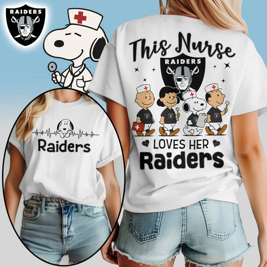 Las Vegas Raiders | Premium NFL Peanuts Snoopy Fan Nurse Appreciation Woman Shirt NY – HuddleStyle.com - Main