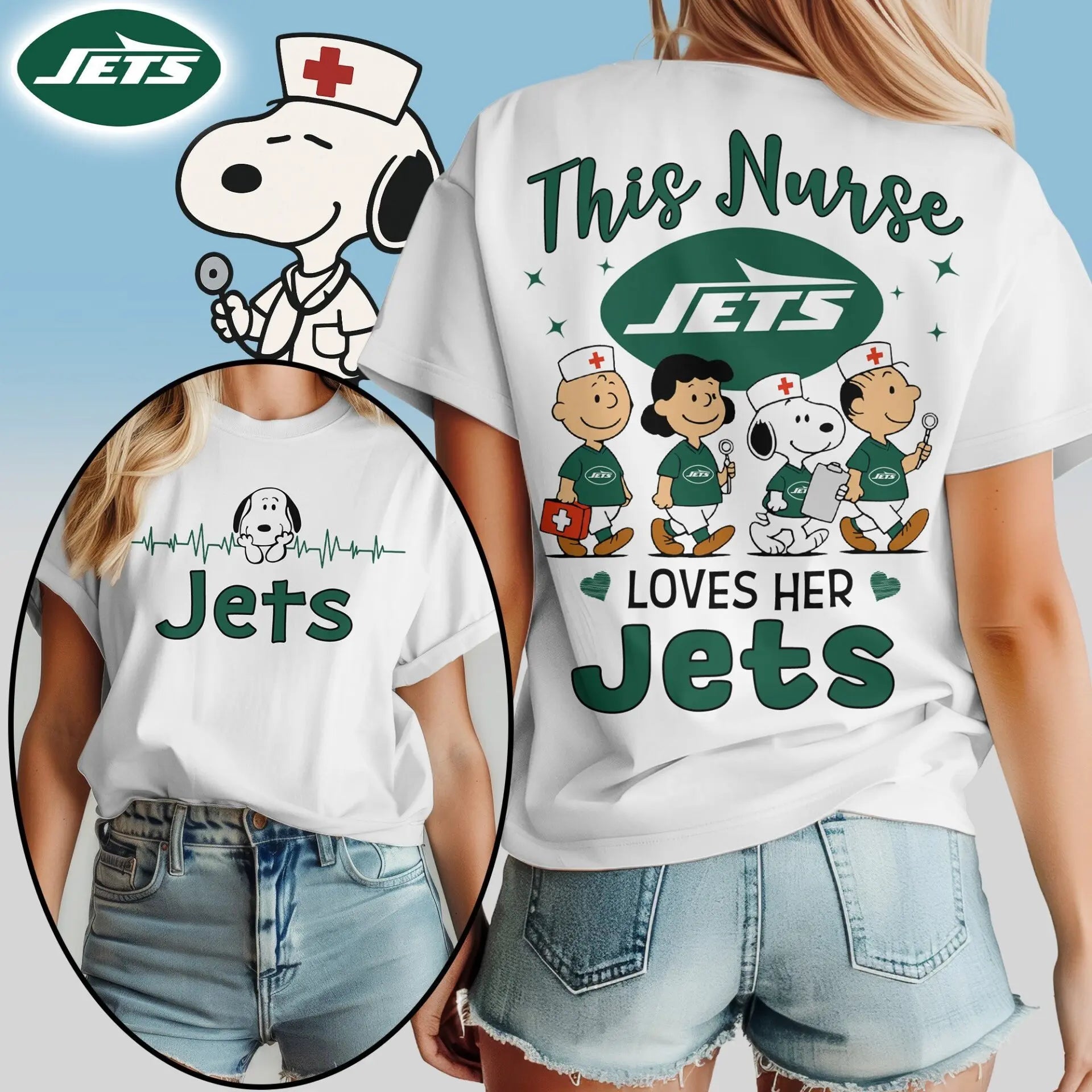 New York Jets | Premium NFL Snoopy Nurse Appreciation Woman Shirt – HuddleStyle.com - Main
