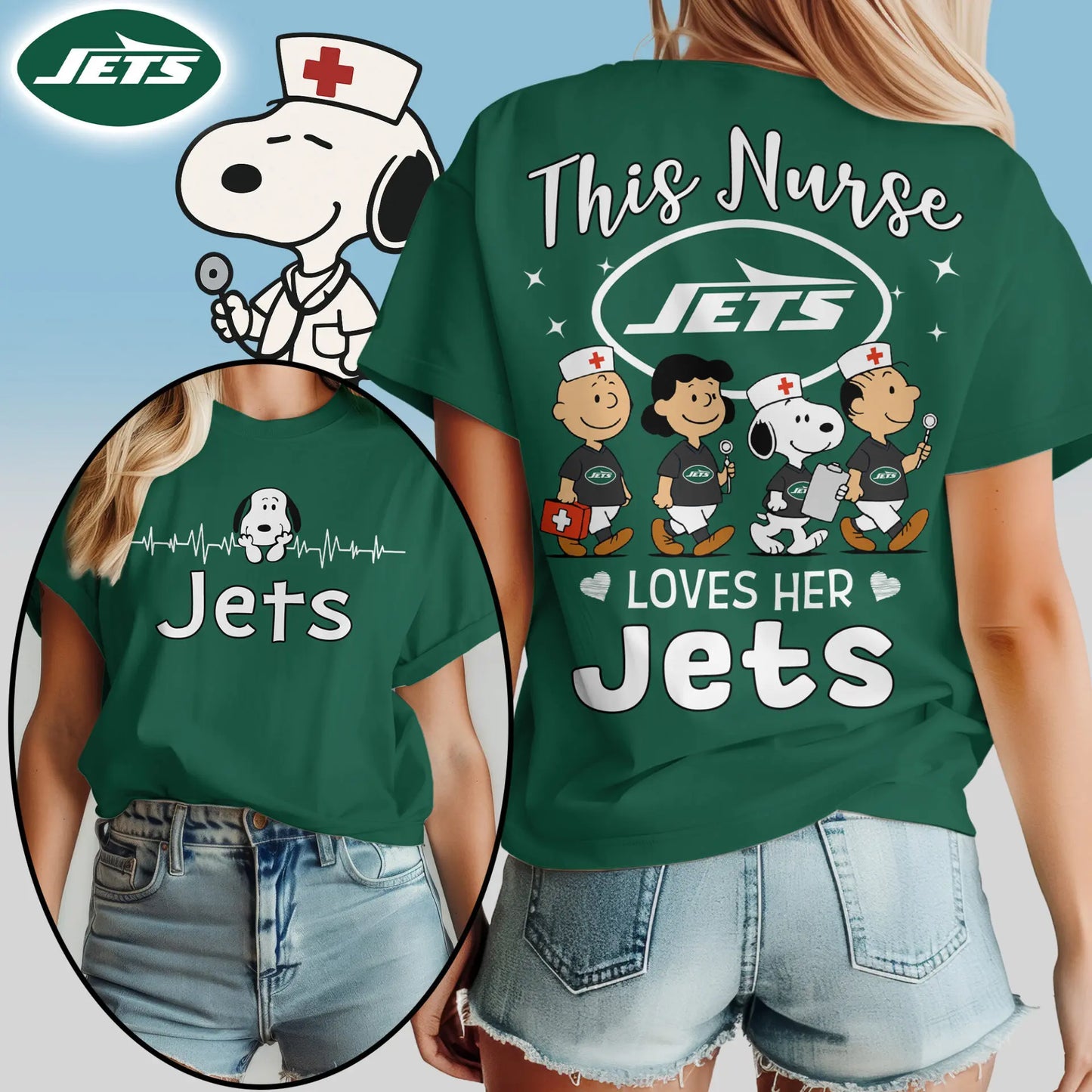 New York Jets | Premium NFL Snoopy Nurse Appreciation Woman Shirt – HuddleStyle.com - Image 2