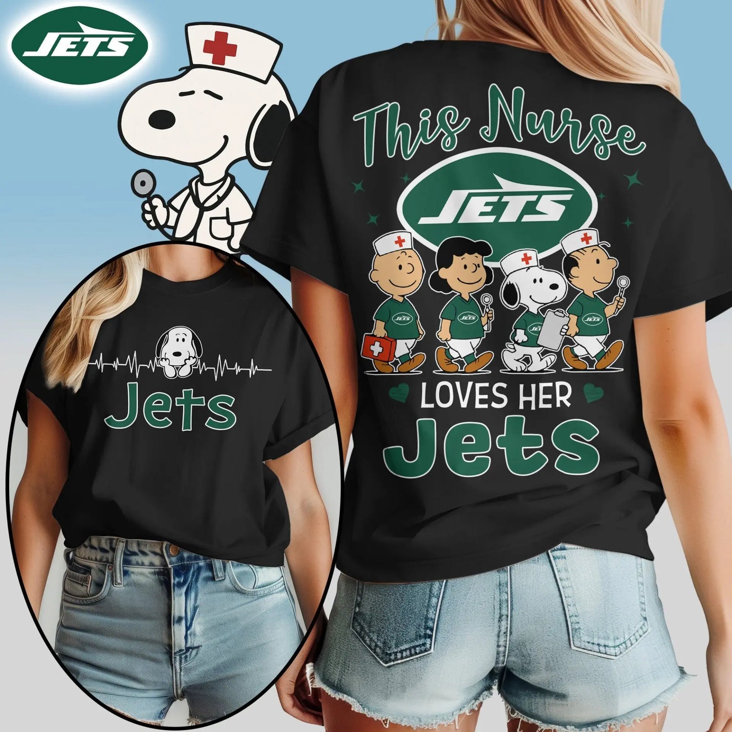 New York Jets | Premium NFL Peanuts Snoopy Fan Nurse Appreciation Woman Shirt NY – HuddleStyle.com - Image 2