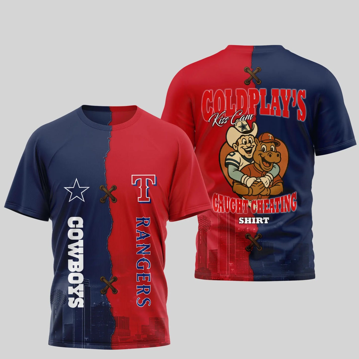 Dallas Cowboys – Texas Rangers | Kiss Cam Caught Cheating 3D Shirt TD – HuddleStyle.com - Image 3