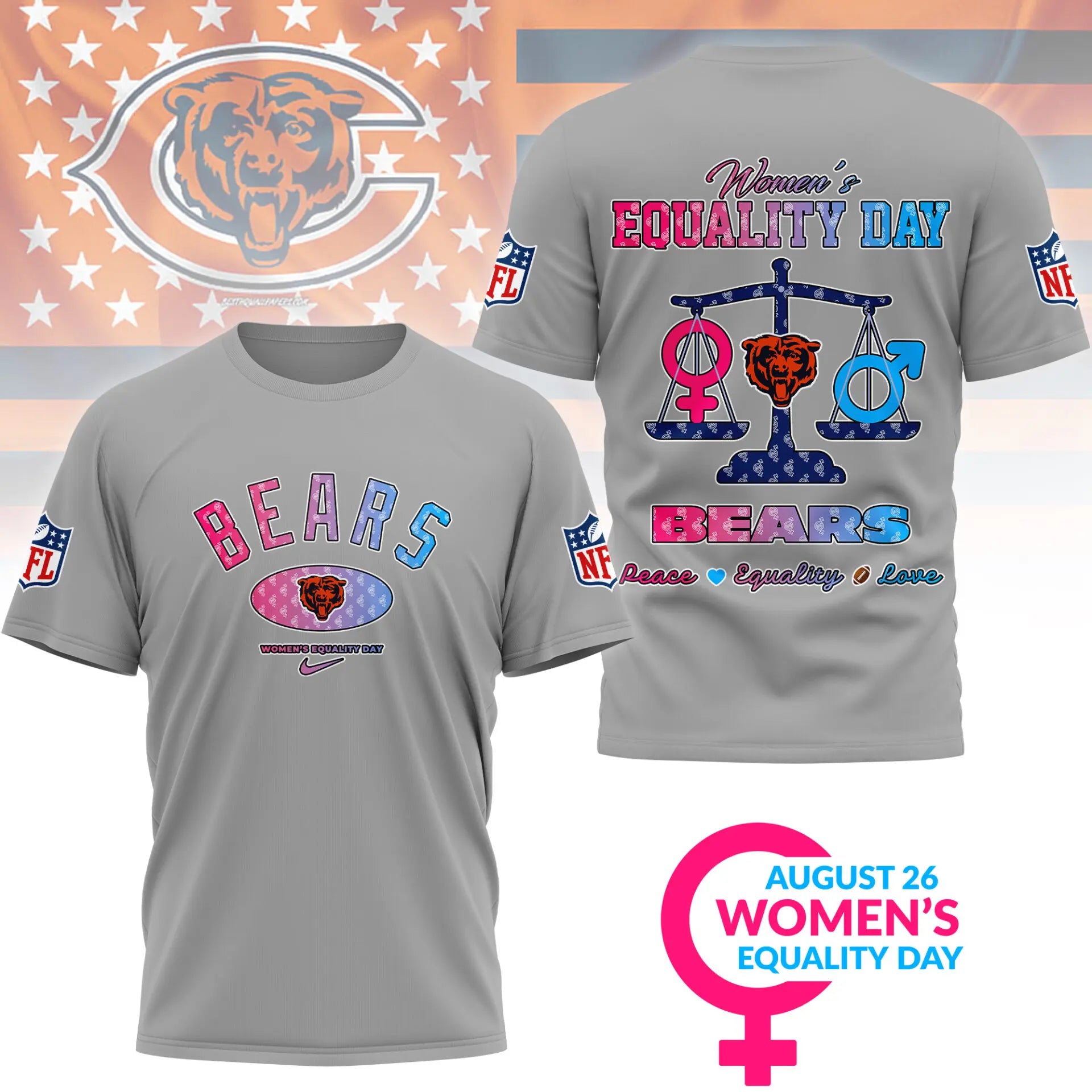 Chicago Bears | Premium Women’s Equality Day 3D Shirt NY – HuddleStyle.com - Main