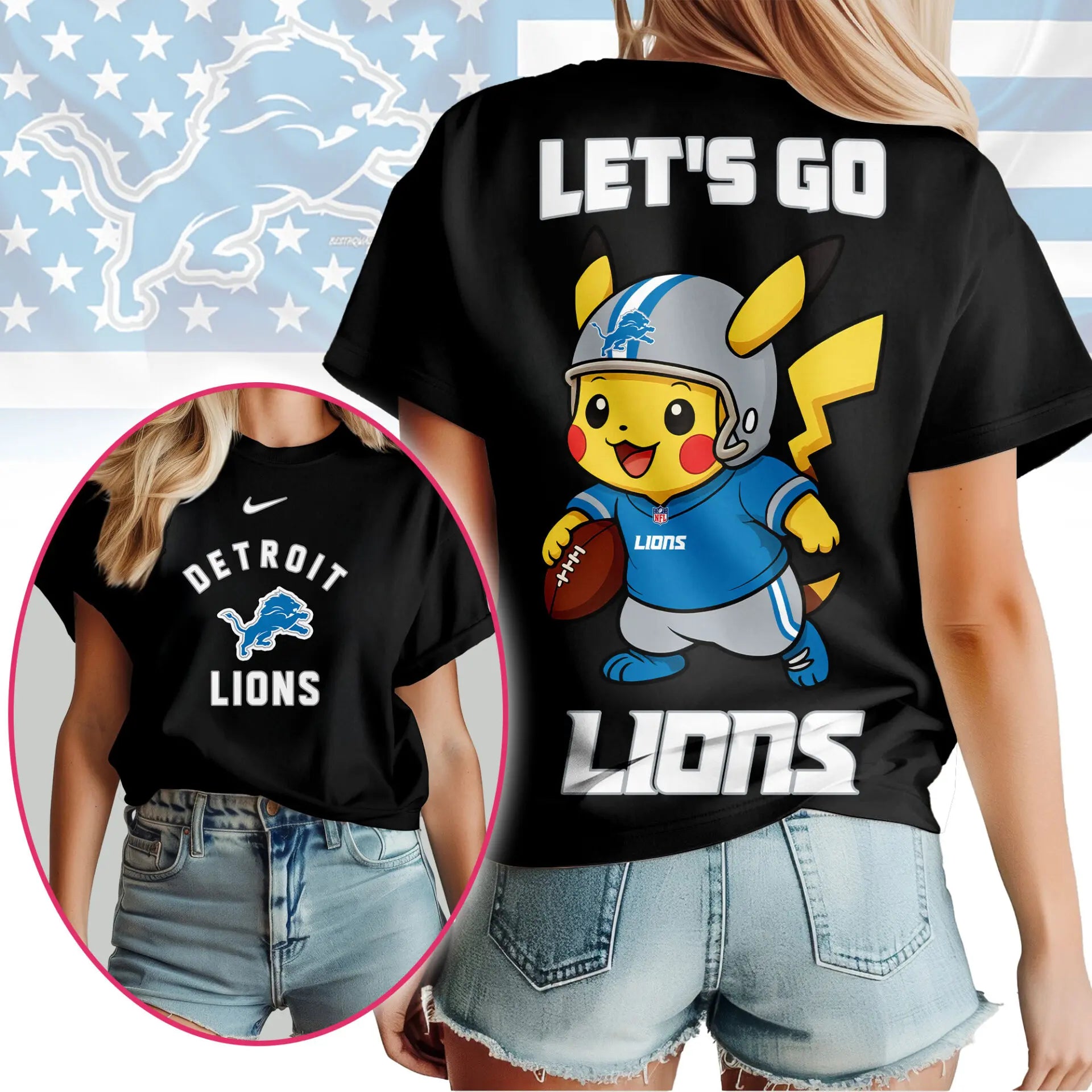 Detroit Lions | Premium NFL Pokemon Fan 3D Shirt NY – HuddleStyle.com - Main