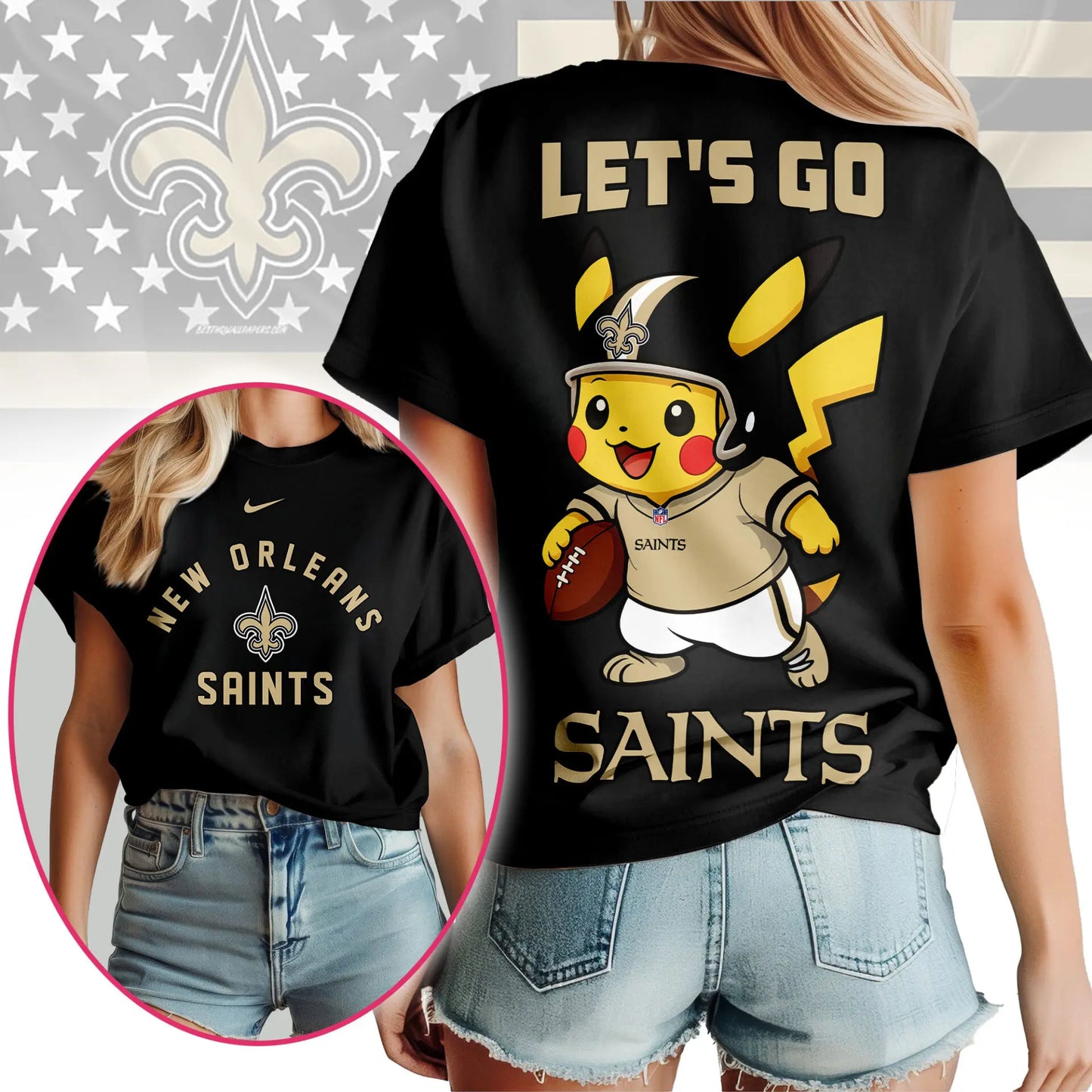 New Orleans Saints | Premium NFL Pokemon Fan 3D Shirt NY – HuddleStyle.com - Image 2