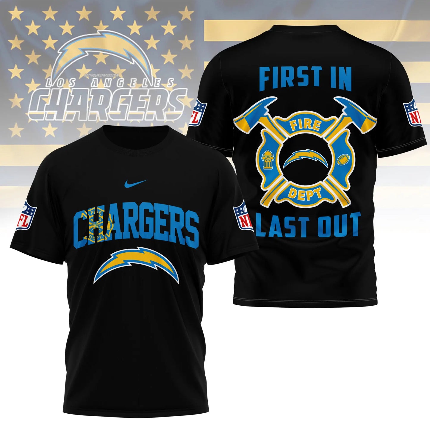 Los Angeles Chargers | Premium NFL Fire Dept 3D Shirt TD – HuddleStyle.com - Main