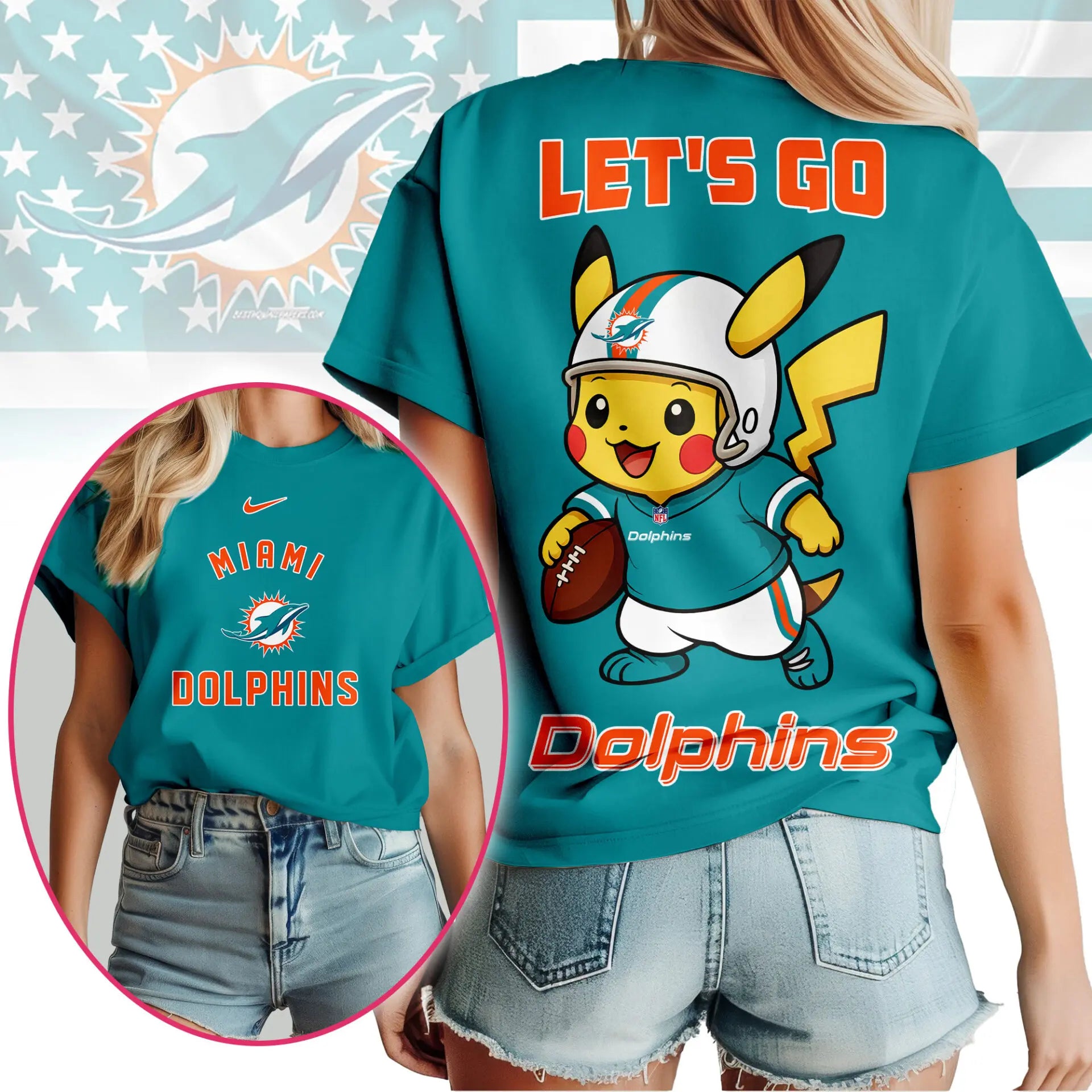 Miami Dolphins | Premium NFL Pokemon Fan 3D Shirt NY – HuddleStyle.com - Image 2
