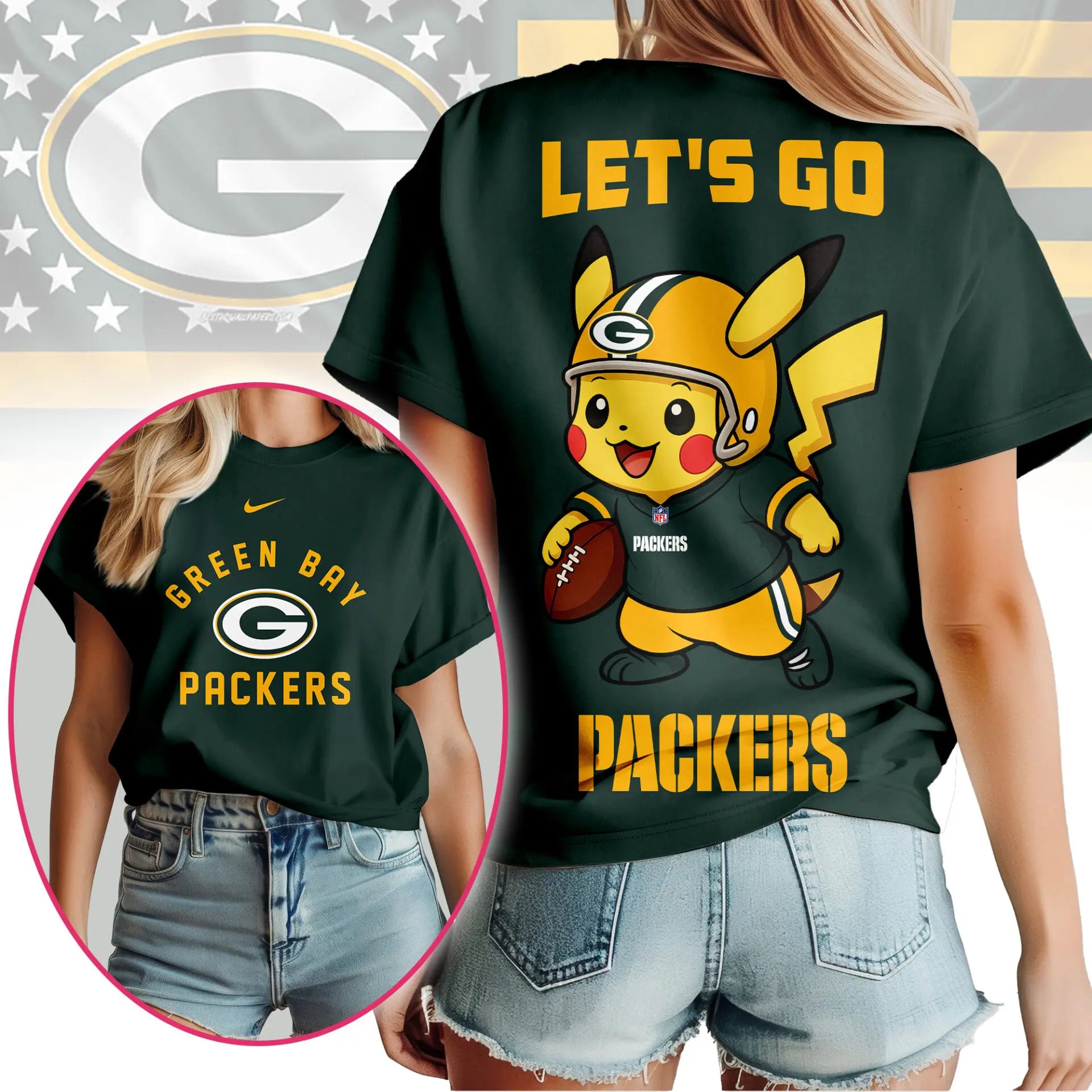 Green Bay Packers | Premium NFL Pokemon Fan 3D Shirt NY – HuddleStyle.com - Image 2