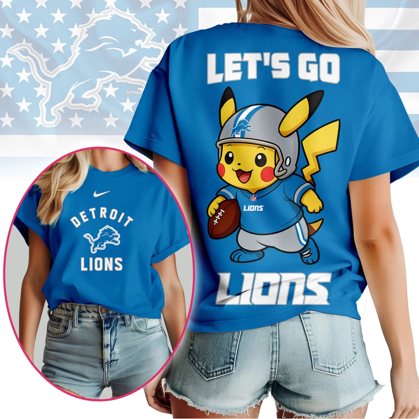 Detroit Lions | Premium NFL Pokemon Fan 3D Shirt NY – HuddleStyle.com - Image 2