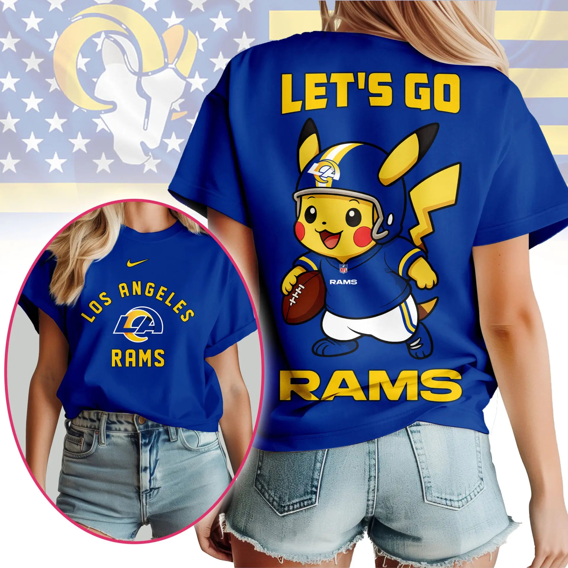 Los Angeles Rams | Premium NFL Pokemon Fan 3D Shirt NY – HuddleStyle.com - Main
