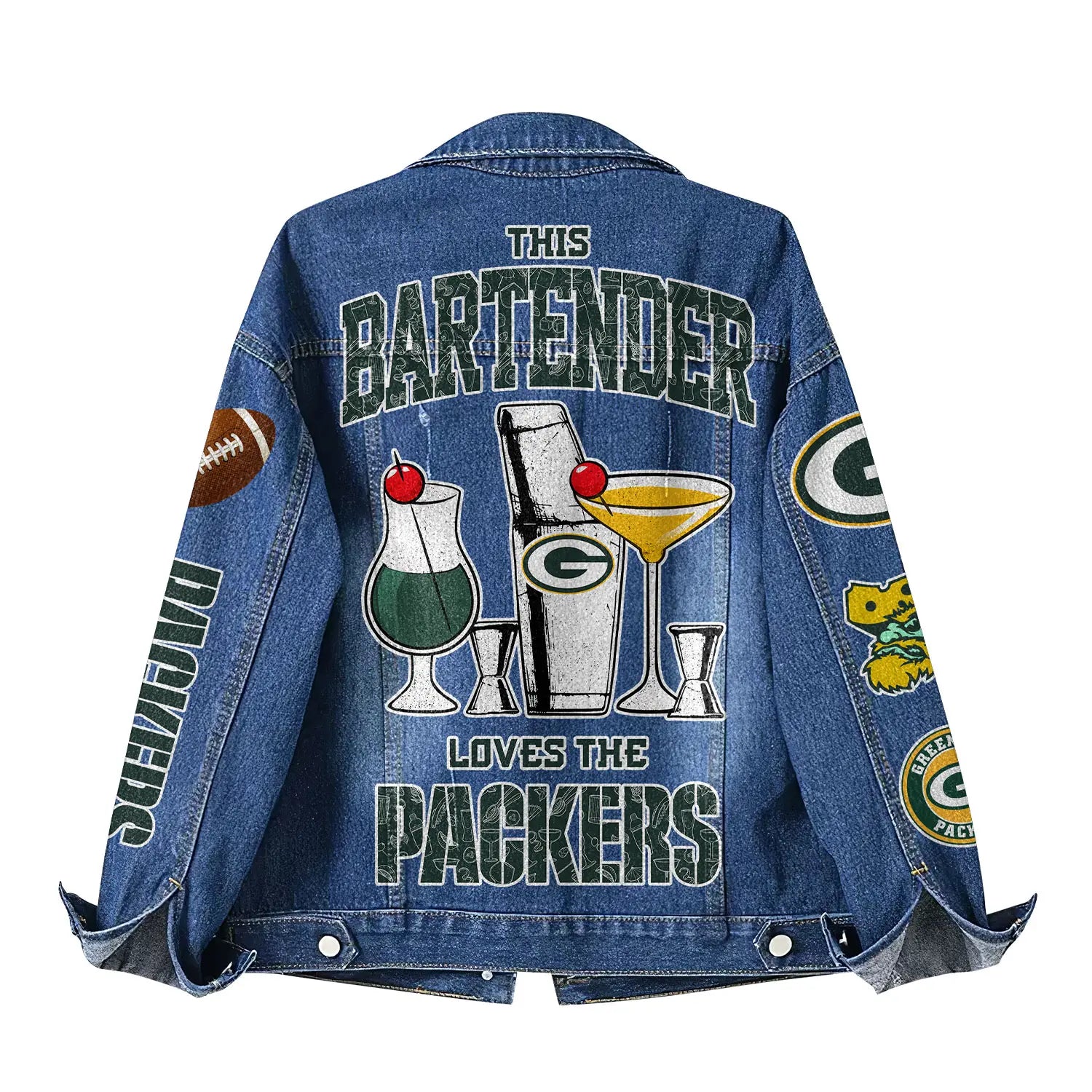 Green Bay Packers | Premium NFL Bartender Fan Denim Jacket NY – HuddleStyle.com - Image 3
