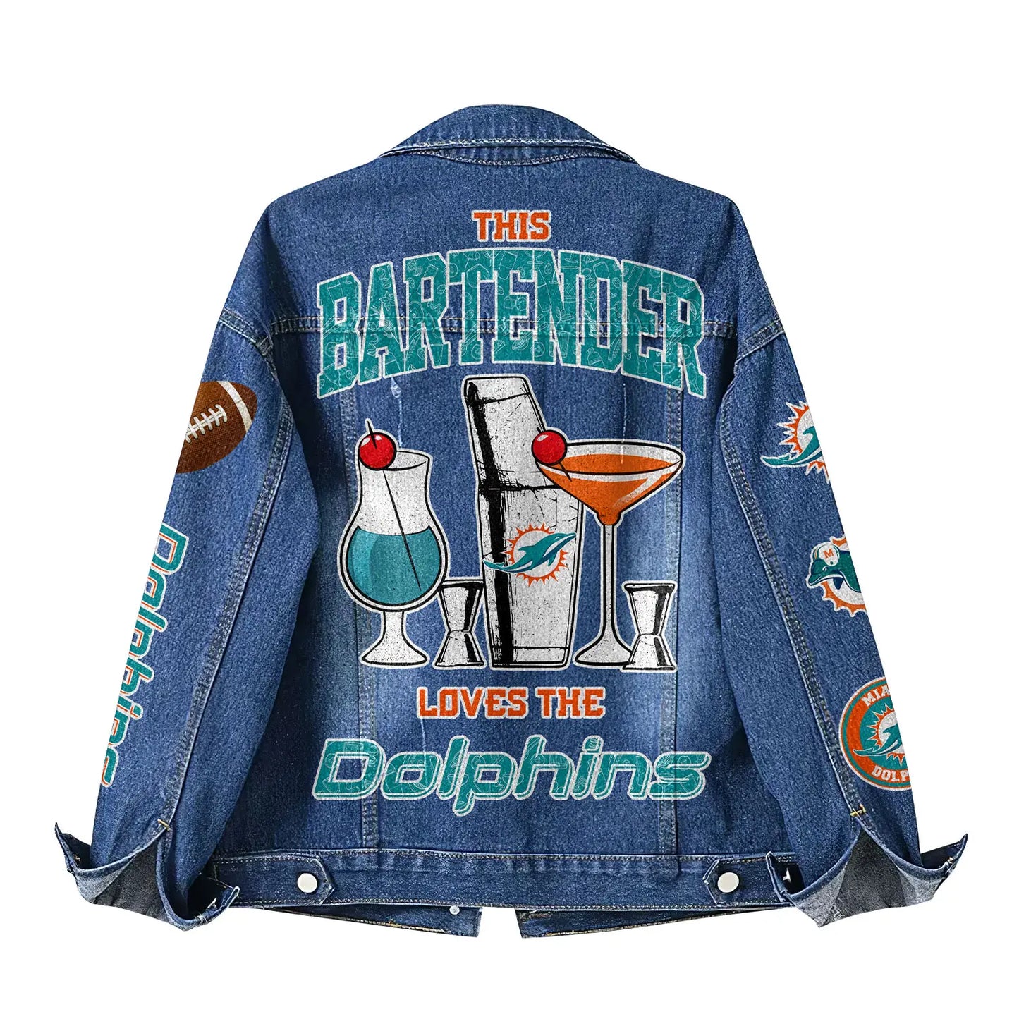 Miami Dolphins | Premium NFL Bartender Fan Denim Jacket NY – HuddleStyle.com - Image 3