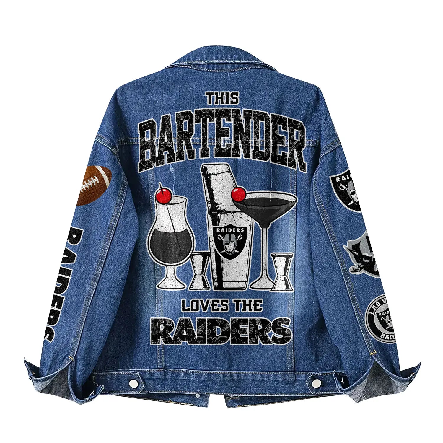 Las Vegas Raiders | Premium NFL Bartender Fan Denim Jacket NY – HuddleStyle.com - Image 3
