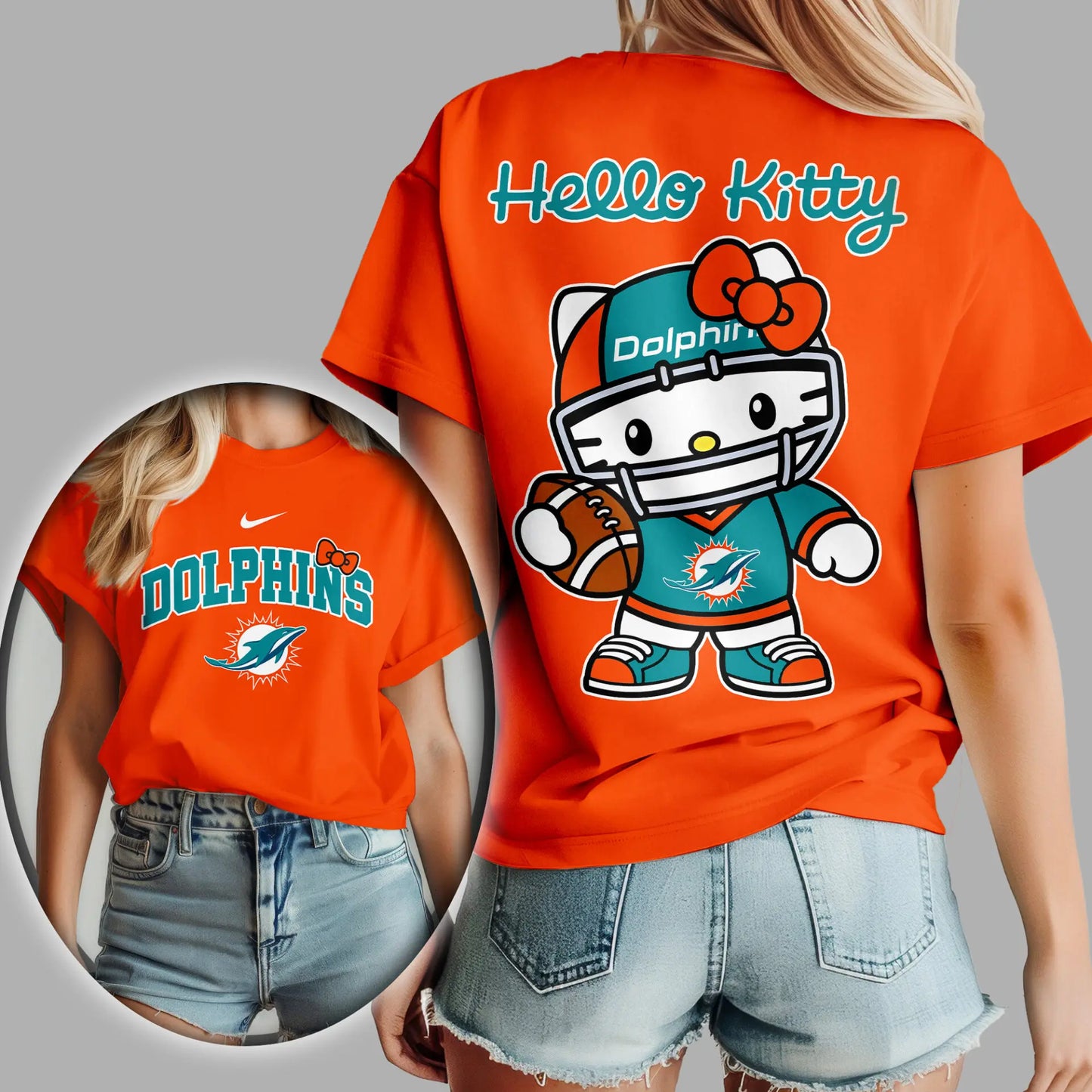 Miami Dolphins | Premium NFL Hello Kitty 3D Shirt TD – HuddleStyle.com - Image 2