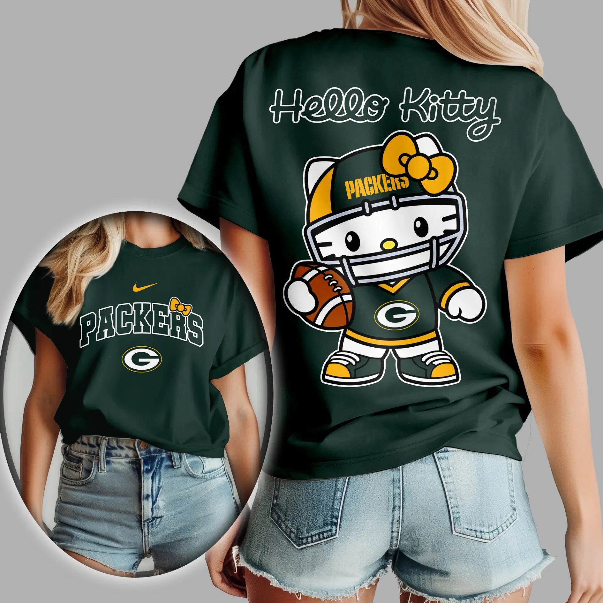 Green Bay Packers | Premium NFL Hello Kitty 3D Shirt TD – HuddleStyle.com - Image 3