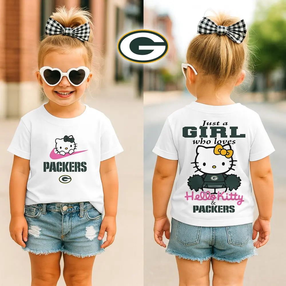 Green Bay Packers | Premium NFL Football Girl Hello Kitty Fan Kid Shirt HI – HuddleStyle.com - Image 2