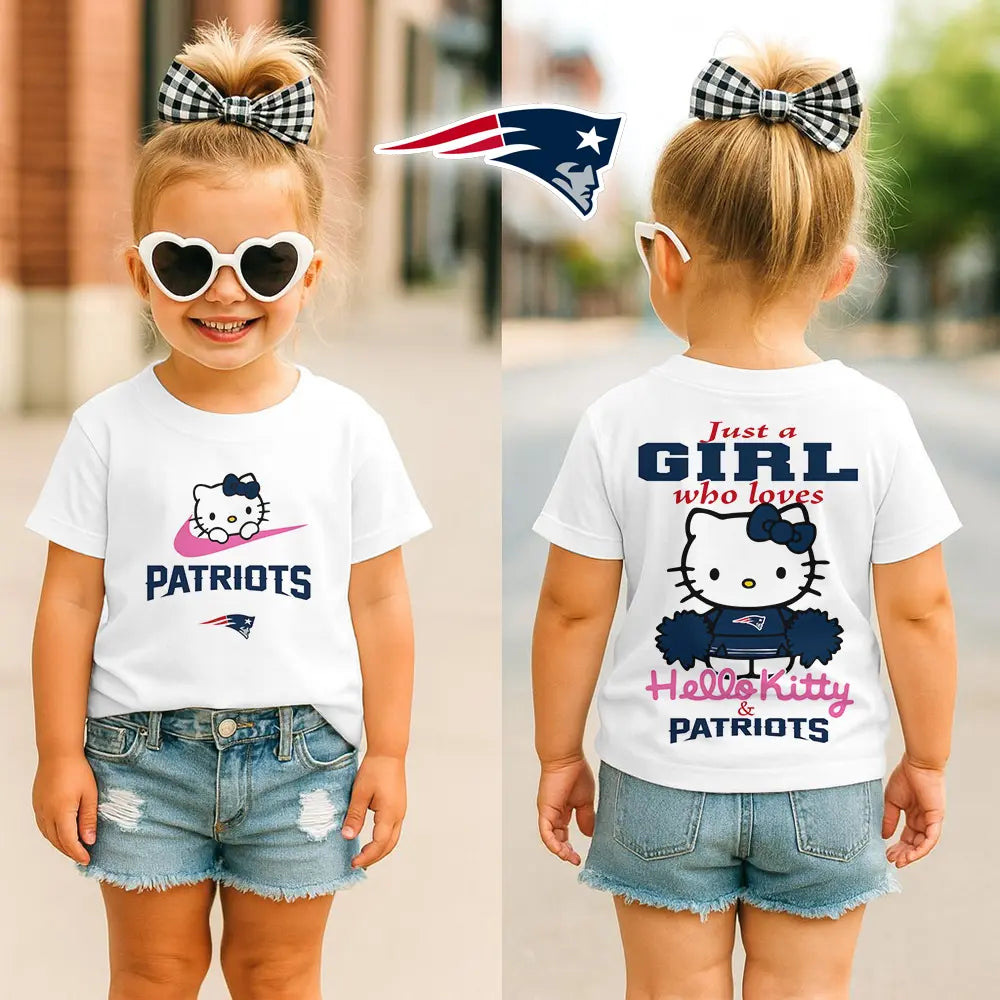 New England Patriots | Premium NFL Football Girl Hello Kitty Fan Kid Shirt HI – HuddleStyle.com - Image 2
