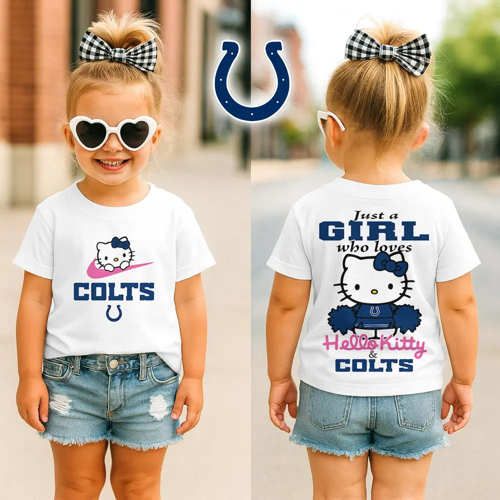 Indianapolis Colts | Premium NFL Football Girl Hello Kitty Fan Kid Shirt HI – HuddleStyle.com - Image 2