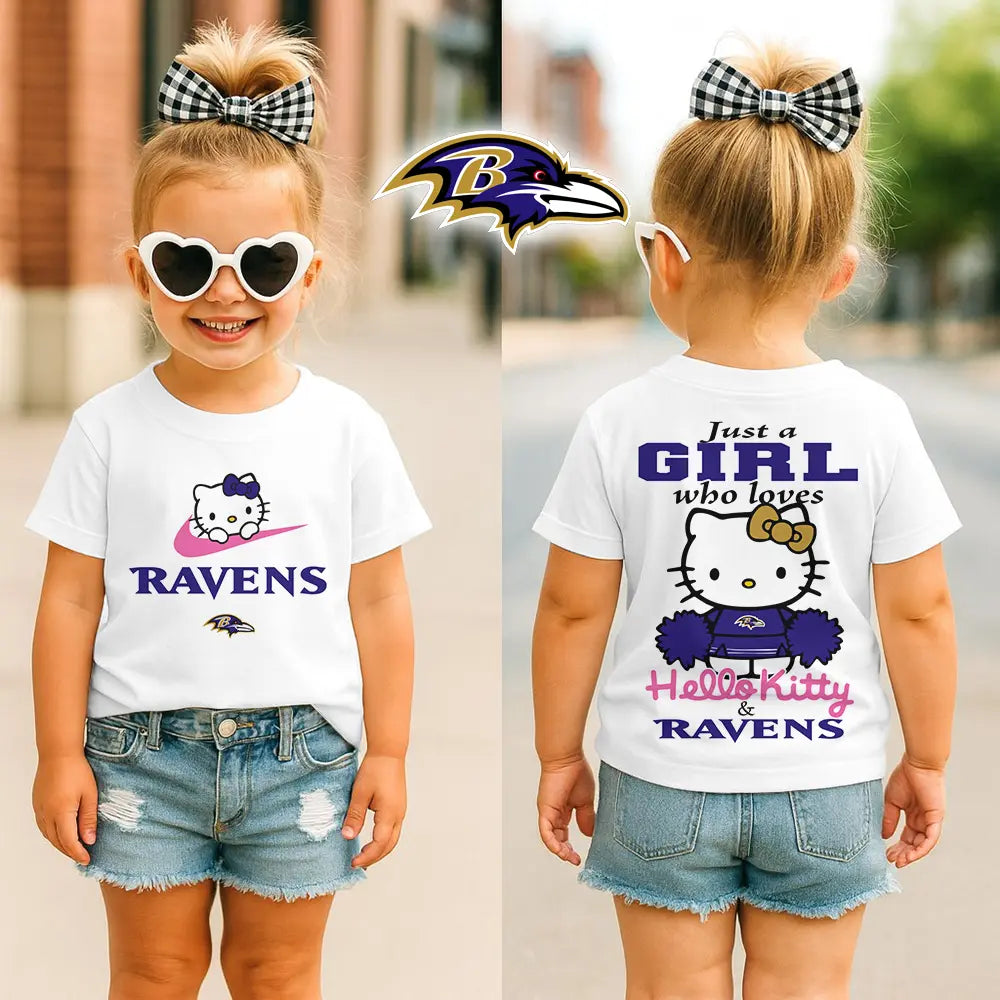 Baltimore Ravens | Premium NFL Football Girl Hello Kitty Fan Kid Shirt HI – HuddleStyle.com - Image 3