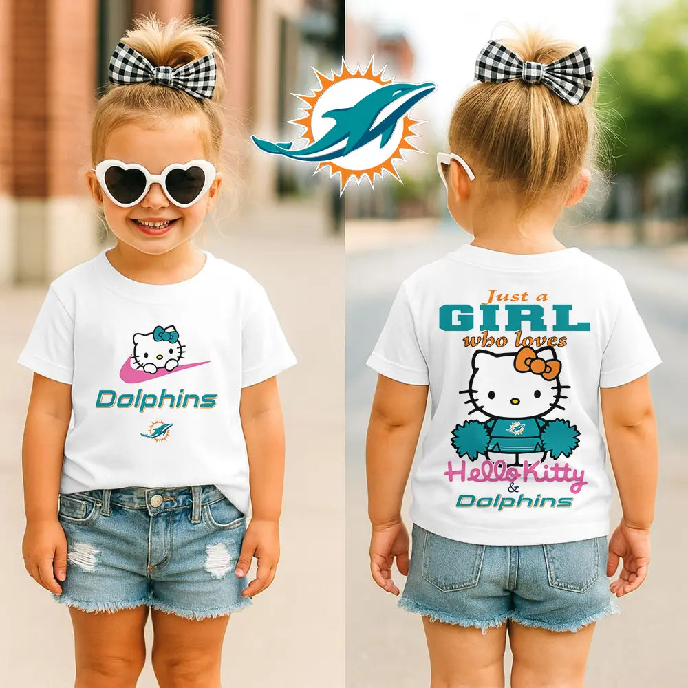 Miami Dolphins | Premium NFL Football Girl Hello Kitty Fan Kid Shirt HI – HuddleStyle.com - Main
