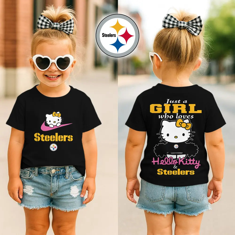 Pittsburgh Steelers | Premium NFL Football Girl Hello Kitty Fan Kid Shirt HI – HuddleStyle.com - Image 2
