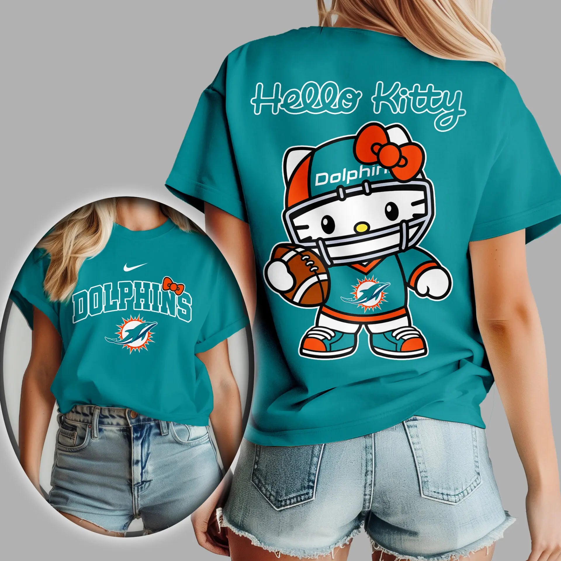 Miami Dolphins | Premium NFL Hello Kitty 3D Shirt TD – HuddleStyle.com - Image 3