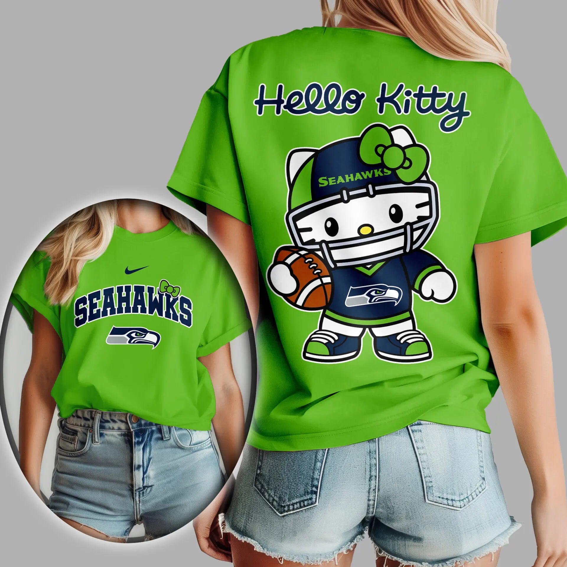 Seattle Seahawks | Premium NFL Hello Kitty 3D Shirt TD – HuddleStyle.com - Image 3