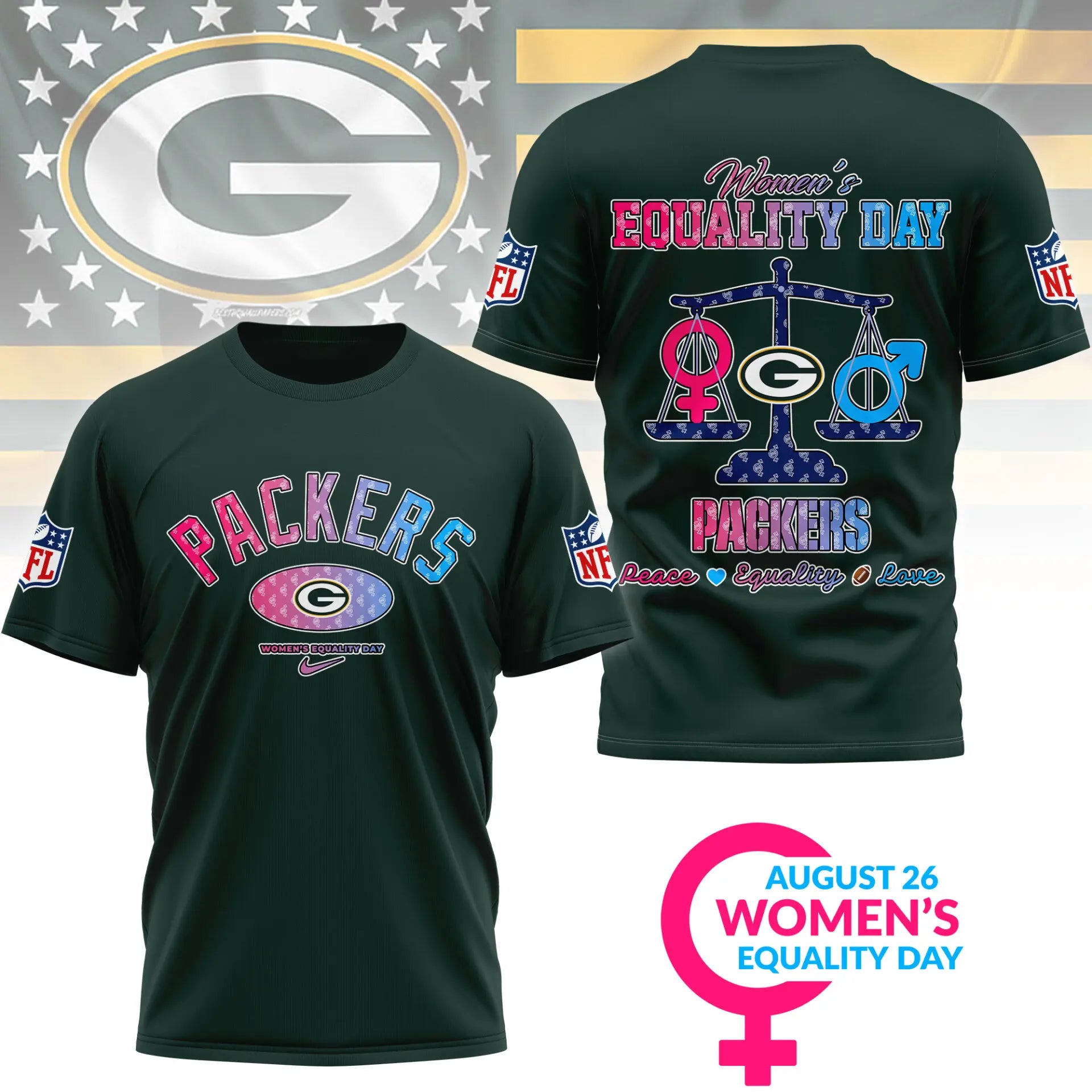 Green Bay Packers | Premium Women’s Equality Day 3D Shirt NY – HuddleStyle.com - Image 2