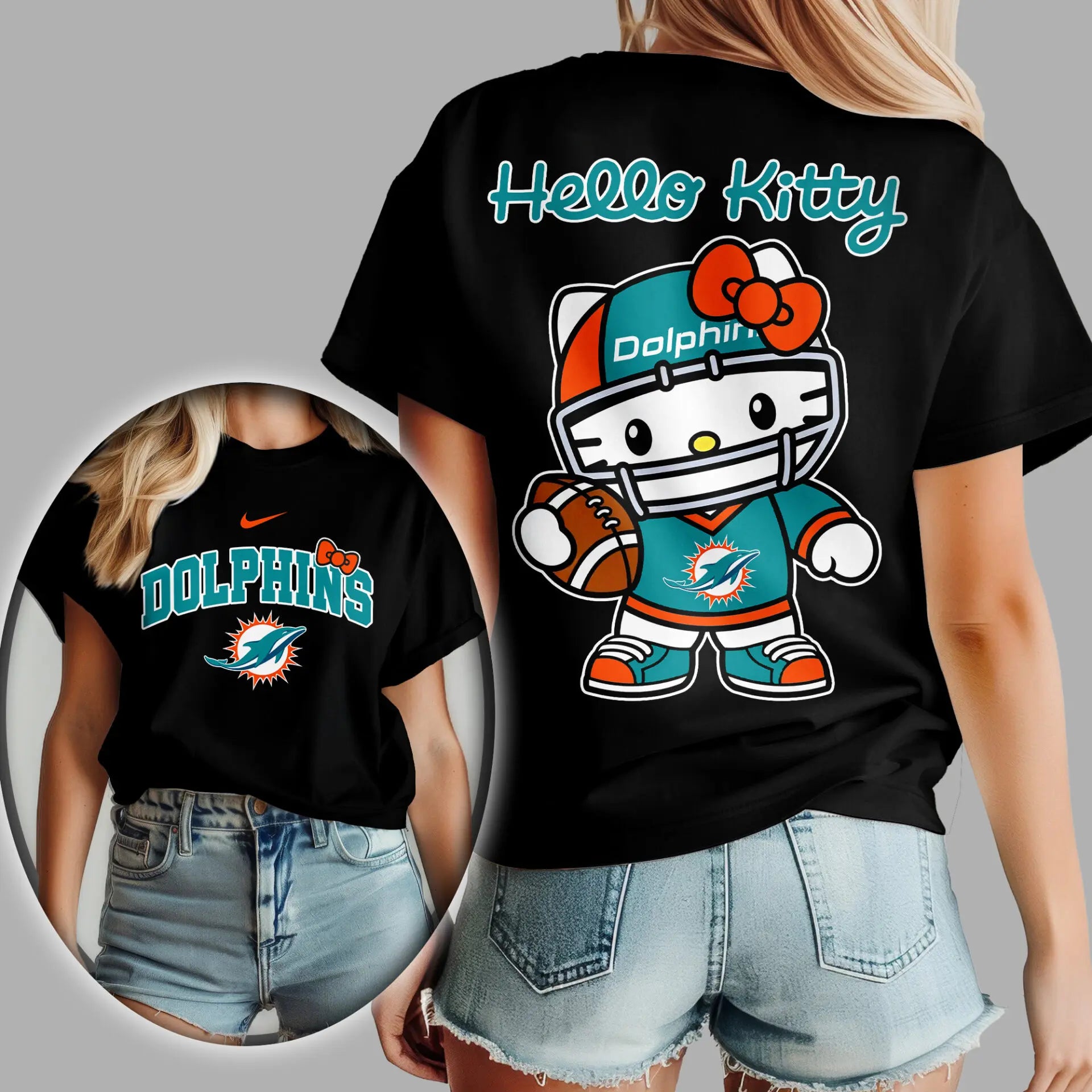 Miami Dolphins | Premium NFL Hello Kitty 3D Shirt TD – HuddleStyle.com - Image 3